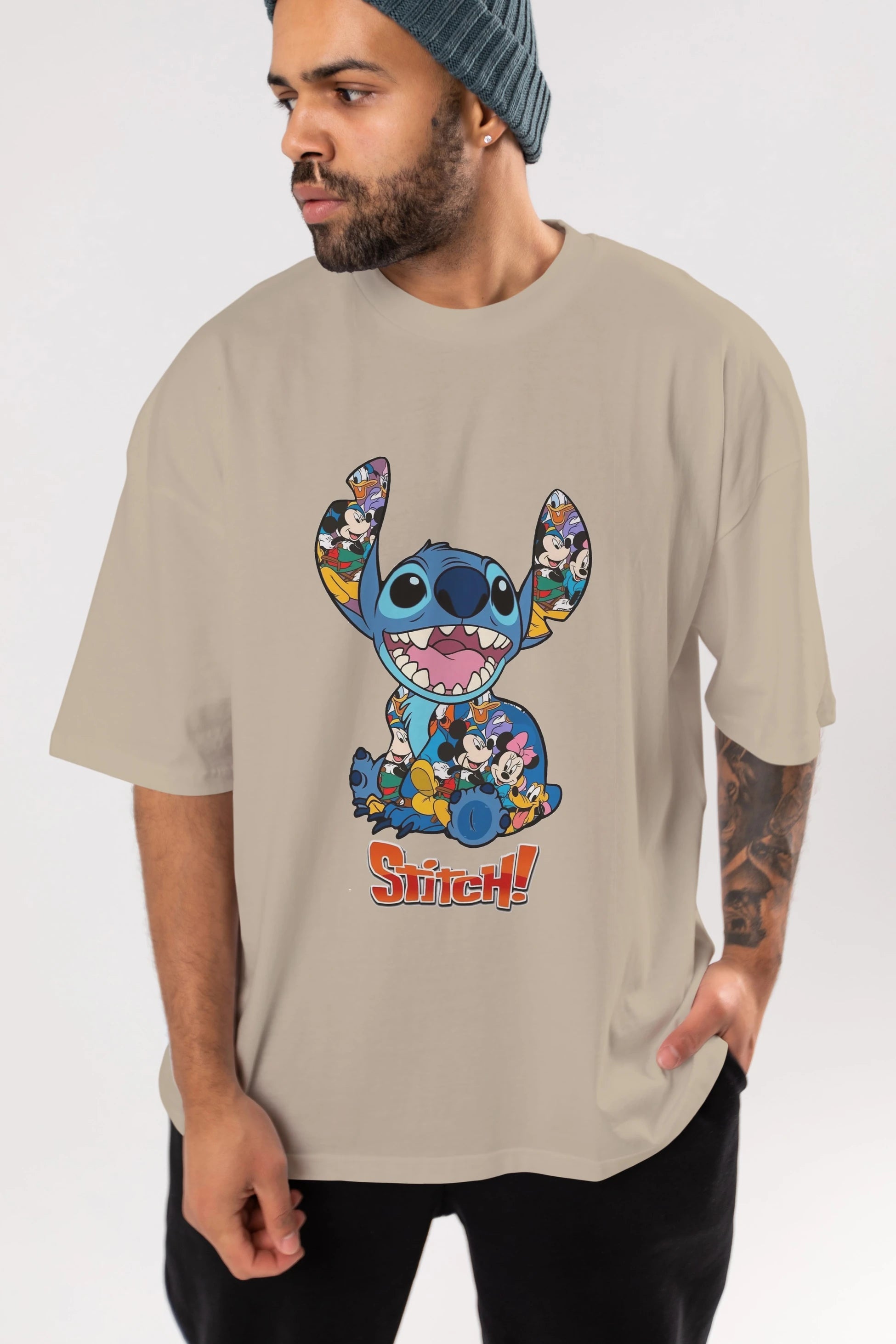 Stitch Ön Baskılı Oversize t-shirt Erkek Kadın Unisex %100 Pamuk Bisiklet Yaka tişort