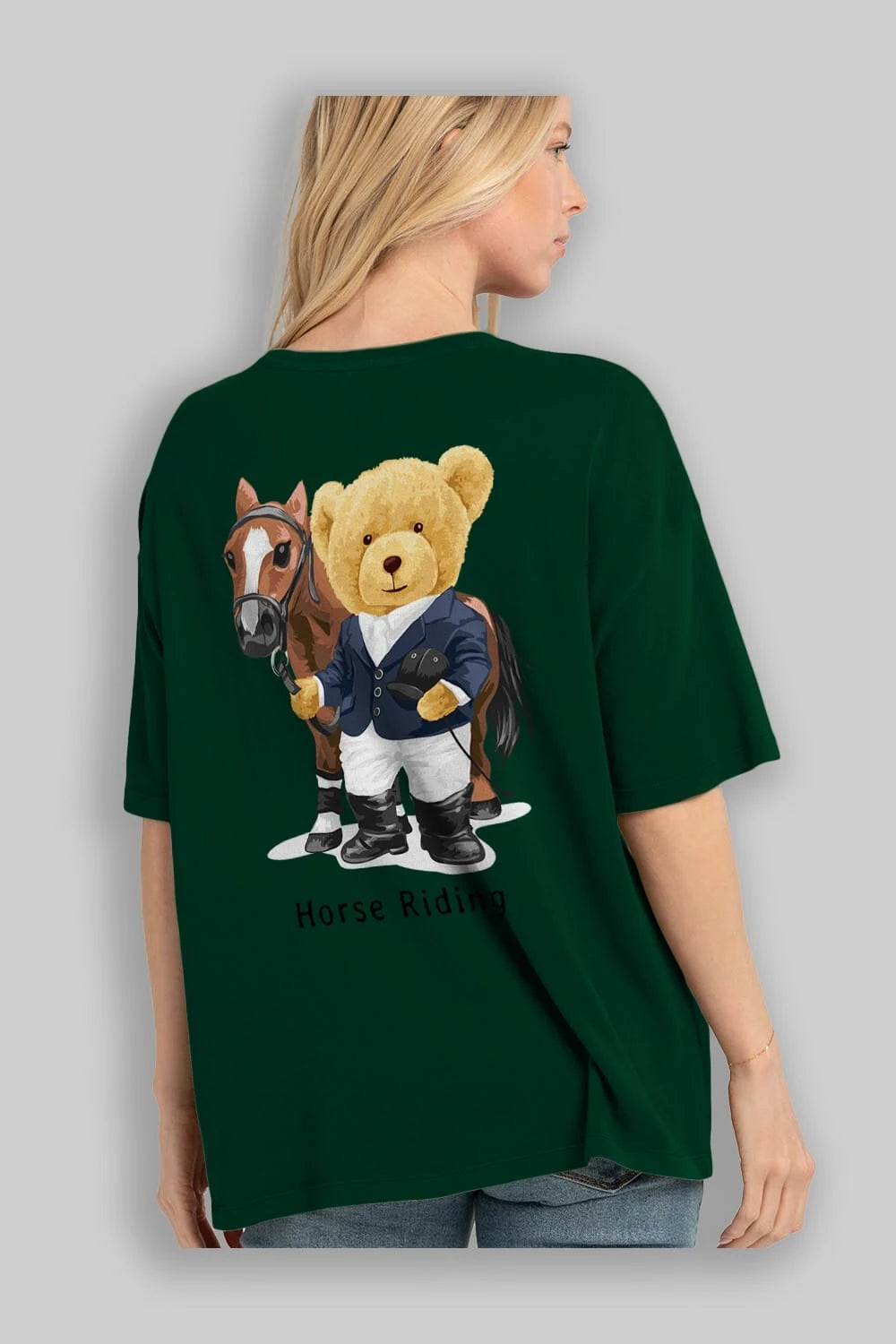 Teddy Bear Horse Riding Arka Baskılı Oversize t-shirt Erkek Kadın Unisex %100 Pamuk