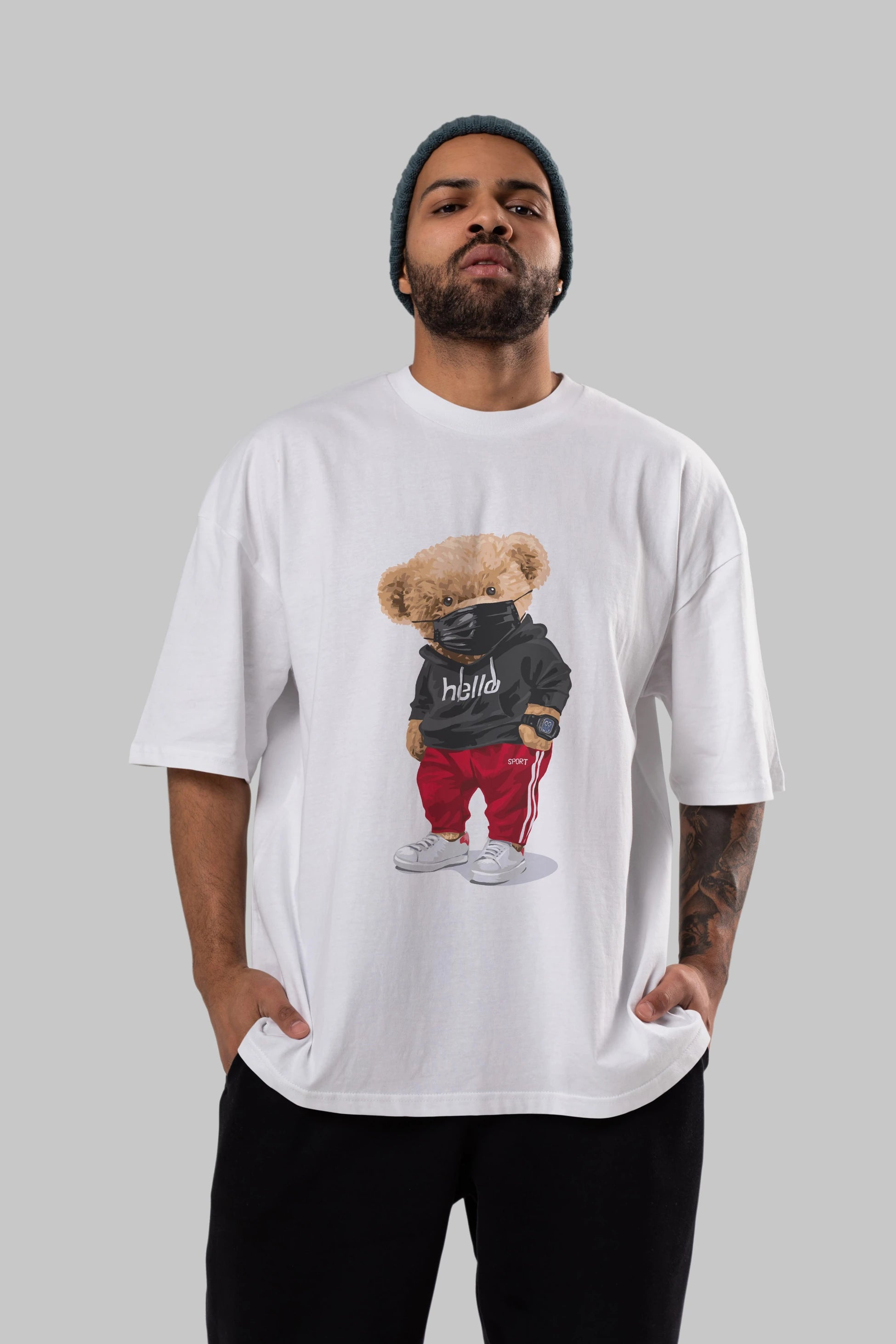 Teddy Bear Hello Sport Ön Baskılı Oversize t-shirt Erkek Kadın Unisex %100 Pamuk