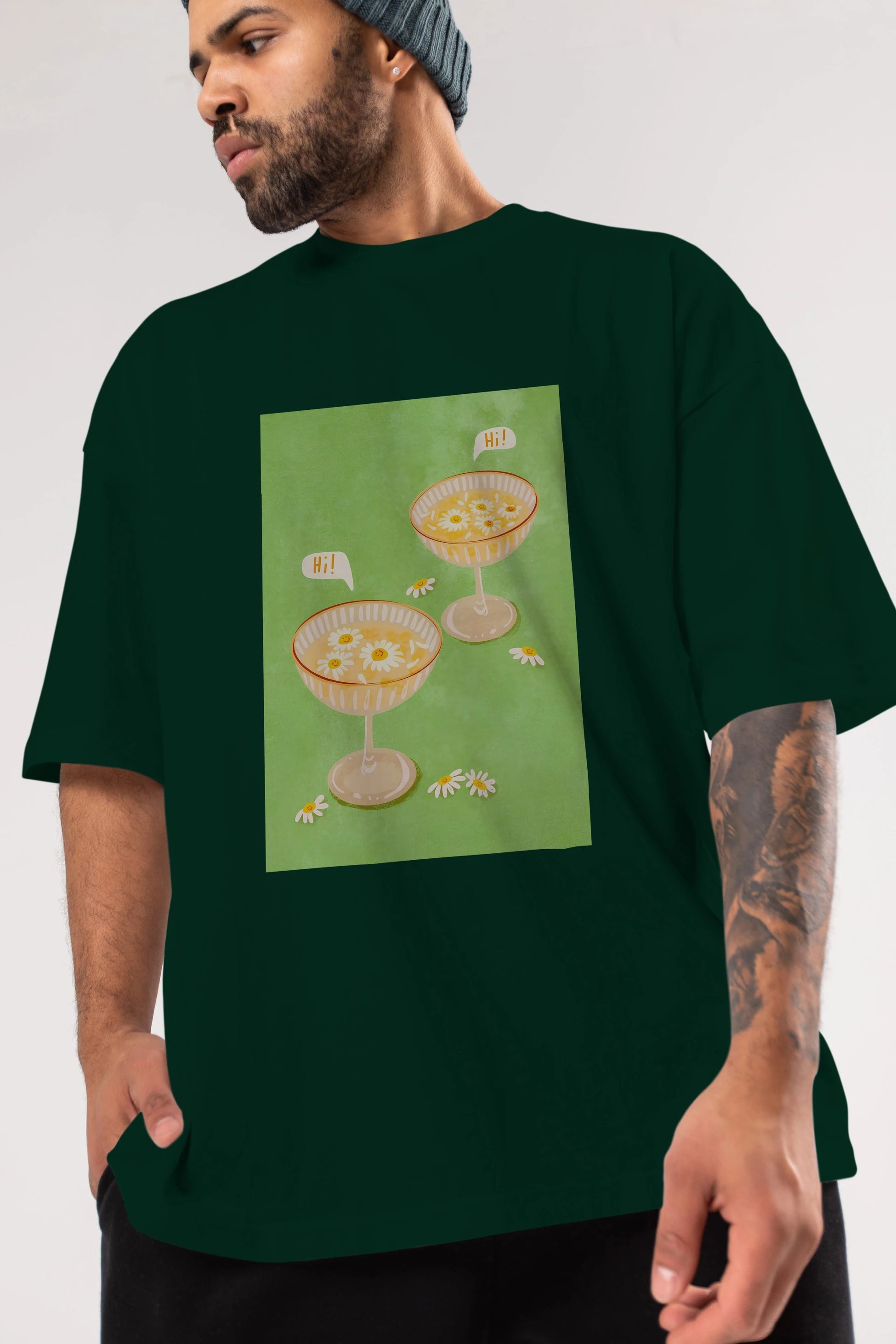 Hi Cheers Ön Baskılı Oversize t-shirt Erkek Kadın Unisex %100 Pamuk Bisiklet Yaka tişort