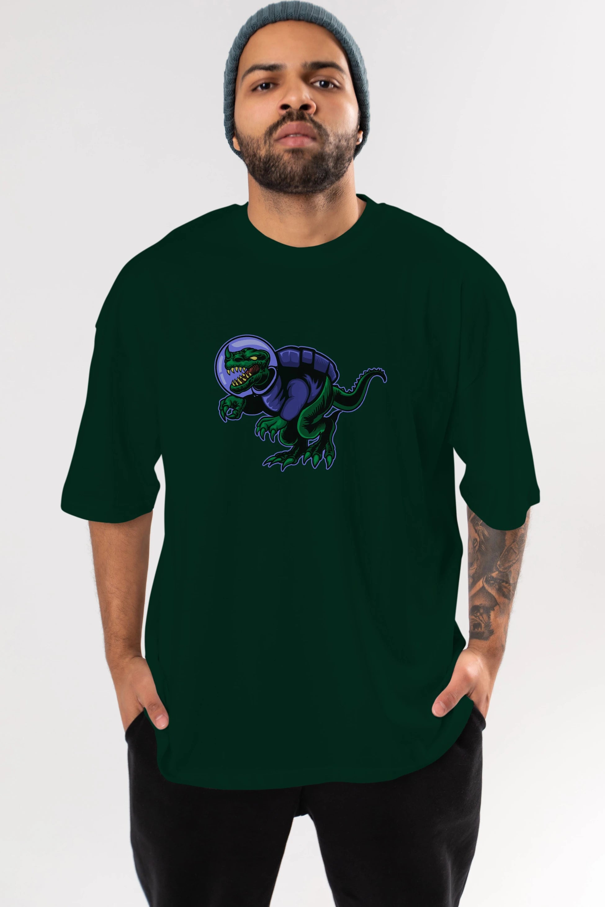 Space Dino Ön Baskılı Oversize t-shirt Erkek Kadın Unisex