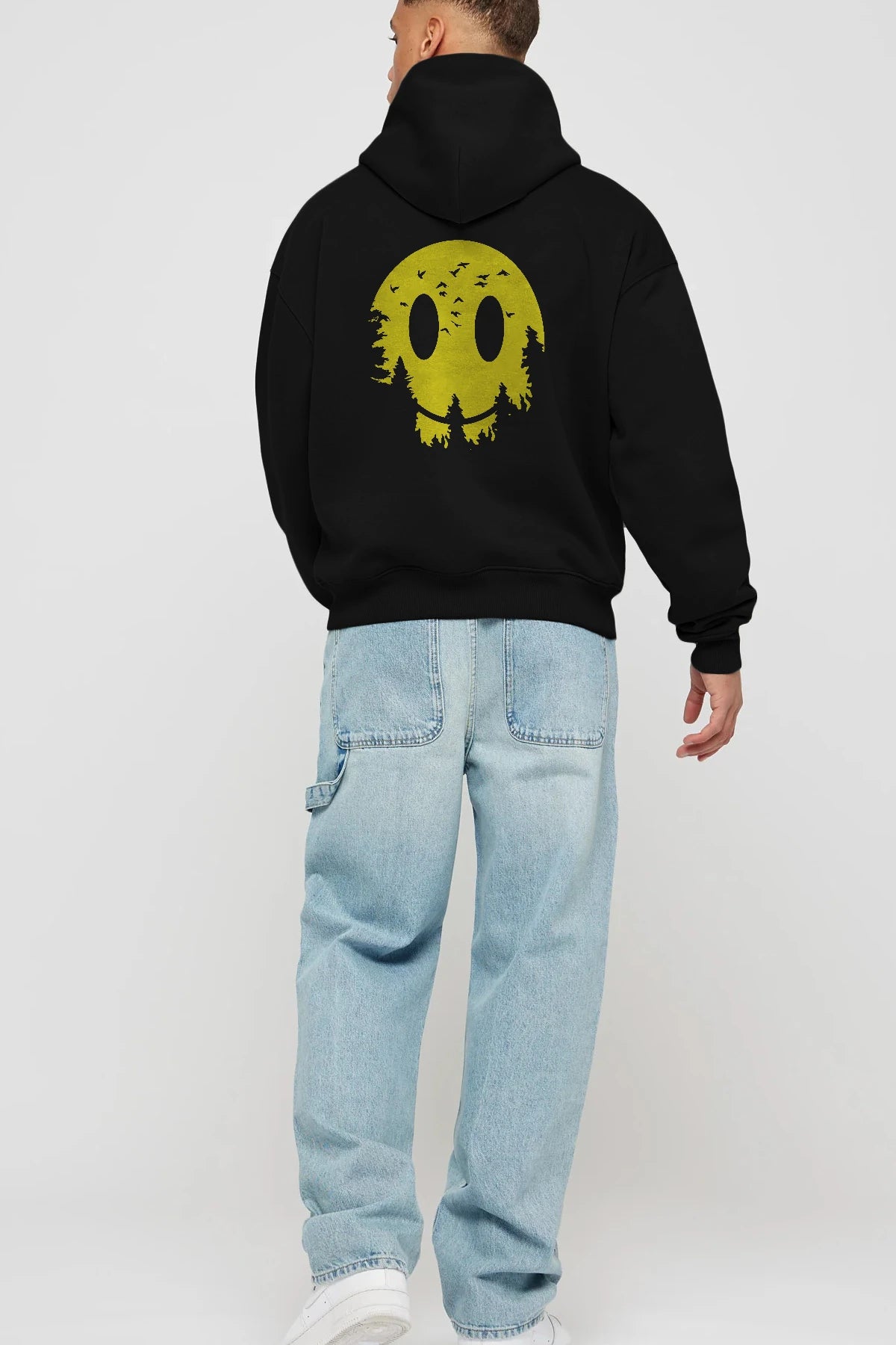 Smiley Moon Arka Baskılı Hoodie Oversize Kapüşonlu Sweatshirt Erkek Kadın Unisex