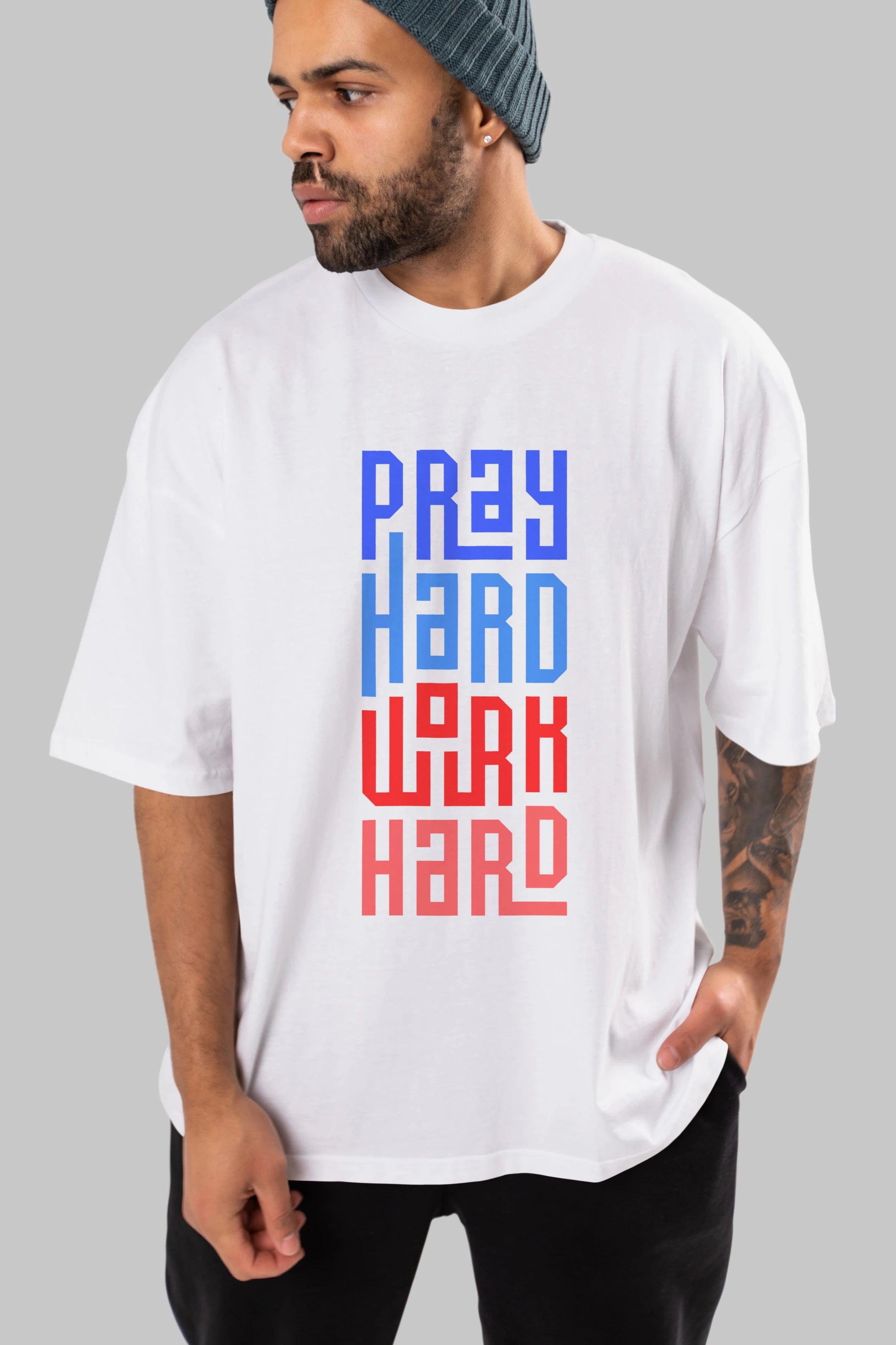 Pray Hard Work Hard Yazılı Ön Baskılı Oversize t-shirt Erkek Kadın Unisex
