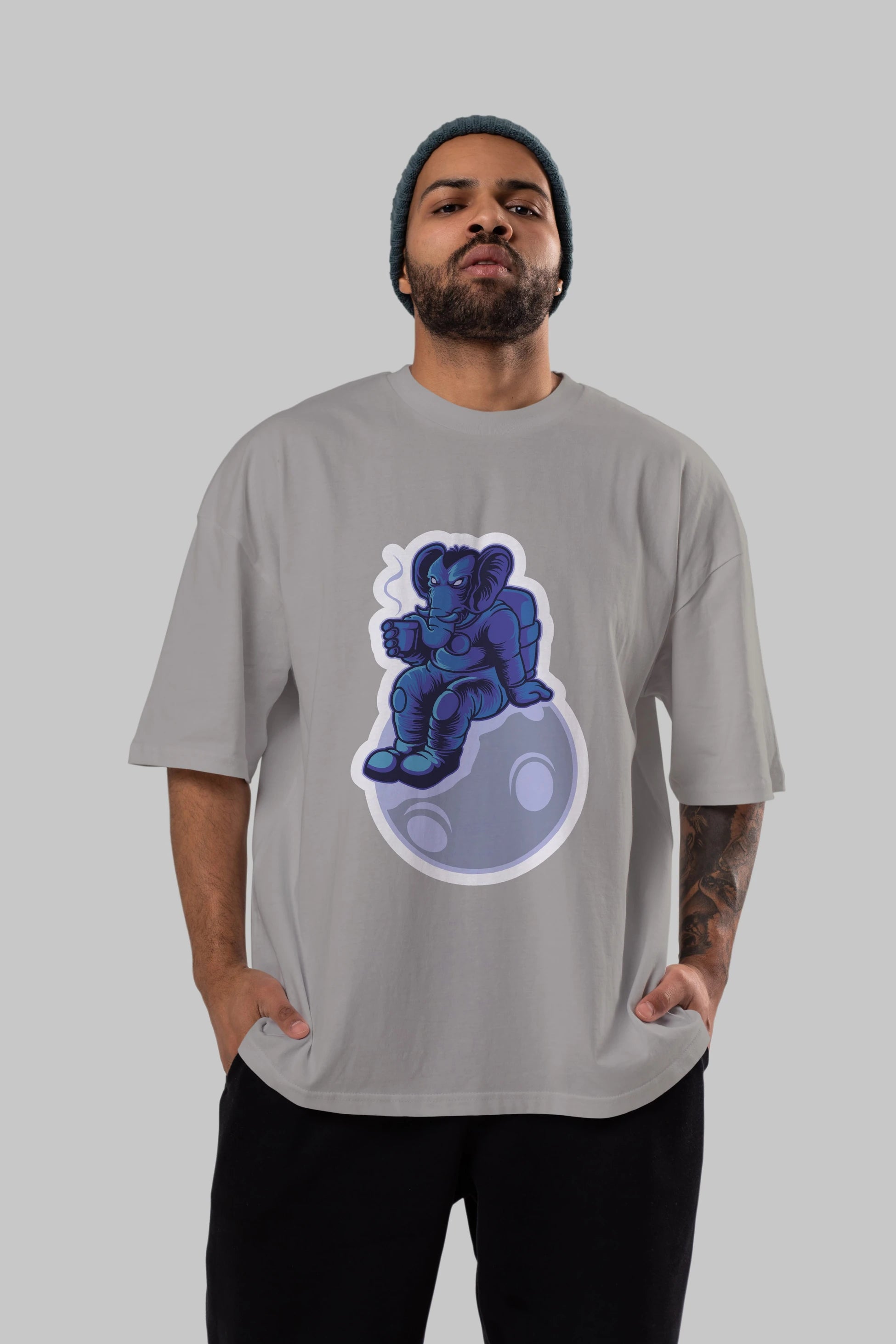 Space Elephant Drink Coffee Sticker Ön Baskılı Oversize t-shirt Erkek Kadın Unisex