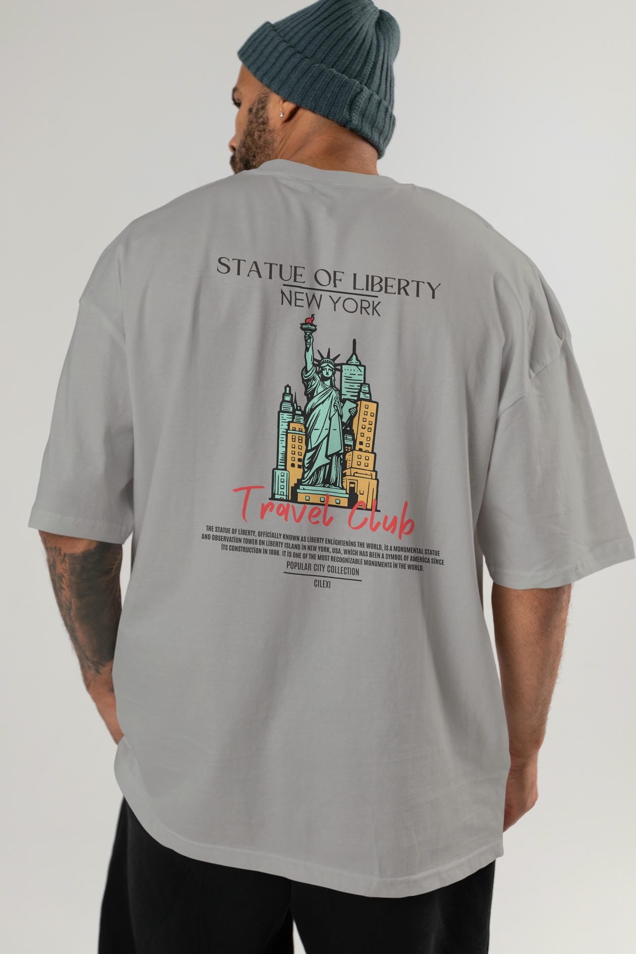 Statue Of Liberty New York Arka Baskılı Oversize t-shirt Erkek Kadın Pamuk Bisiklet Yaka tişort
