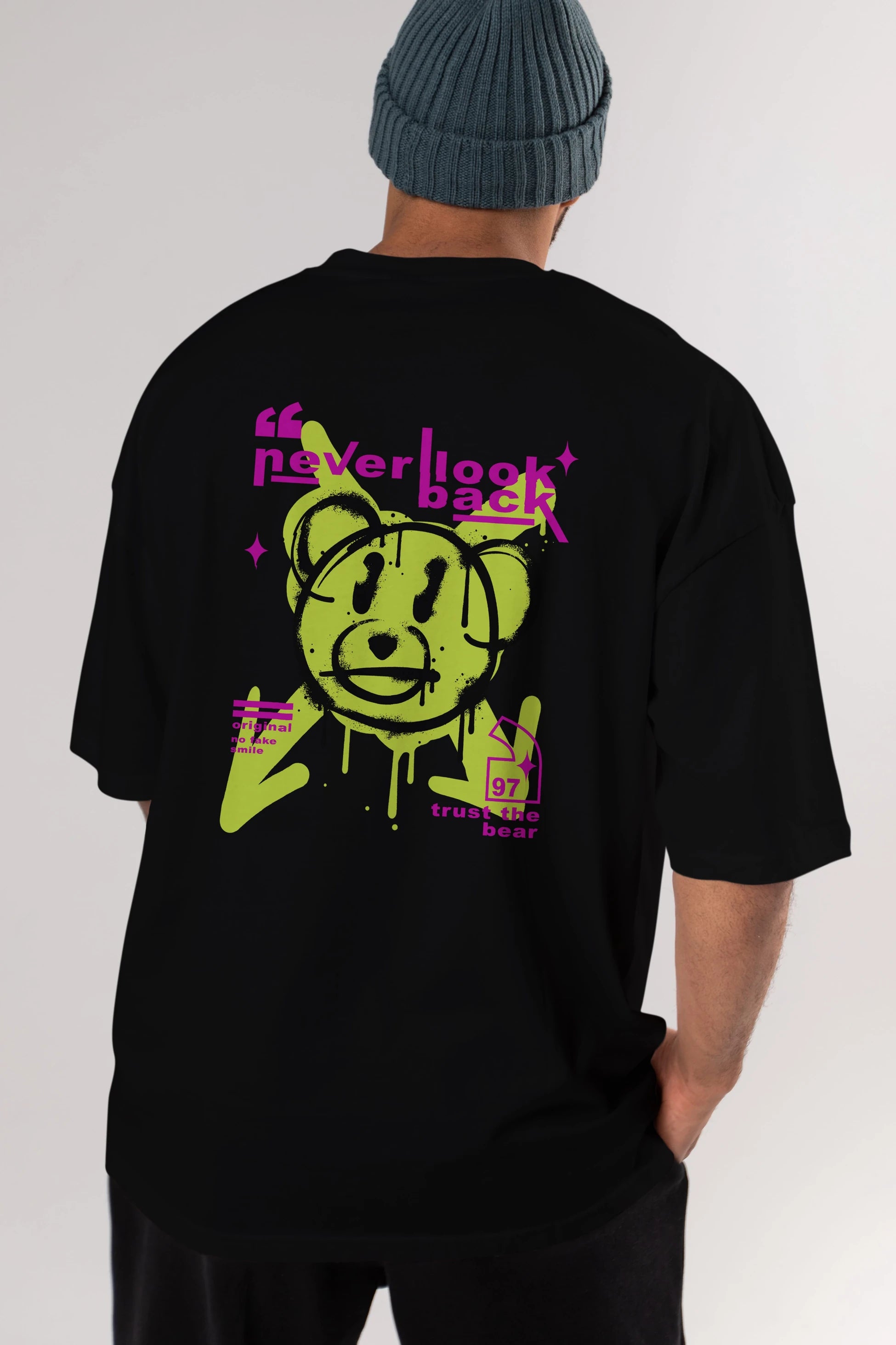 Never Look Back Bear Arka Baskılı Oversize t-shirt Erkek Kadın Unisex