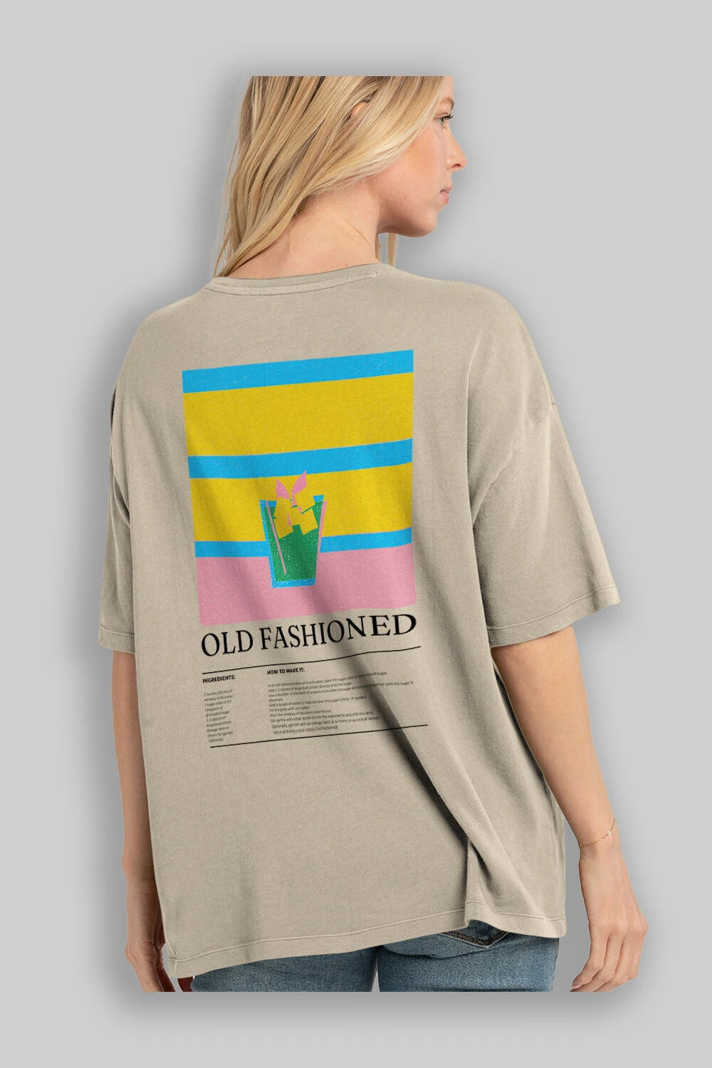 Old Fashioned Kokteyl Serisi Arka Baskılı Oversize t-shirt Erkek Kadın %100 Pamuk Bisiklet Yaka tişort