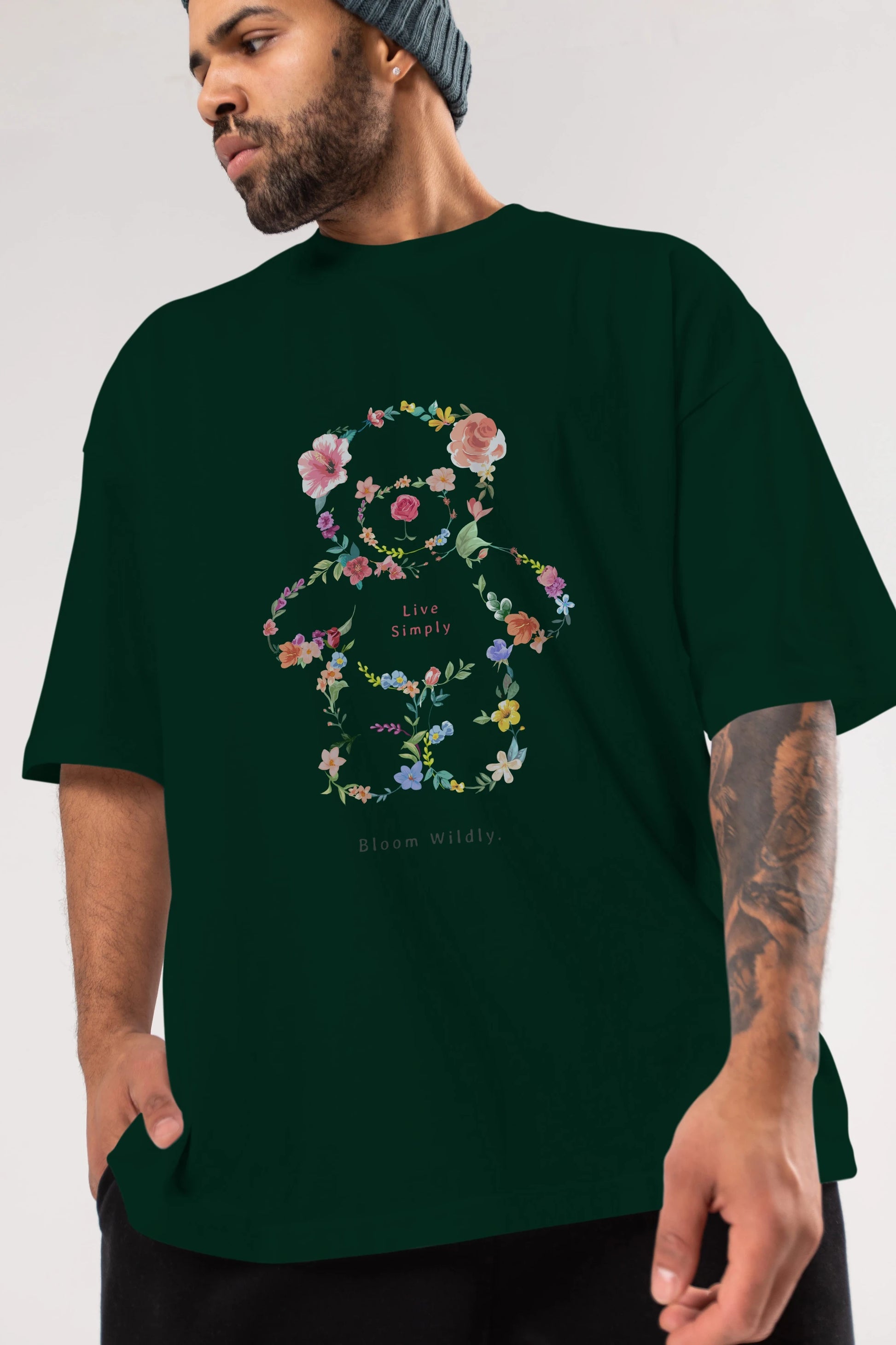 Teddy Bear Flowers Ön Baskılı Oversize t-shirt Erkek Kadın Unisex