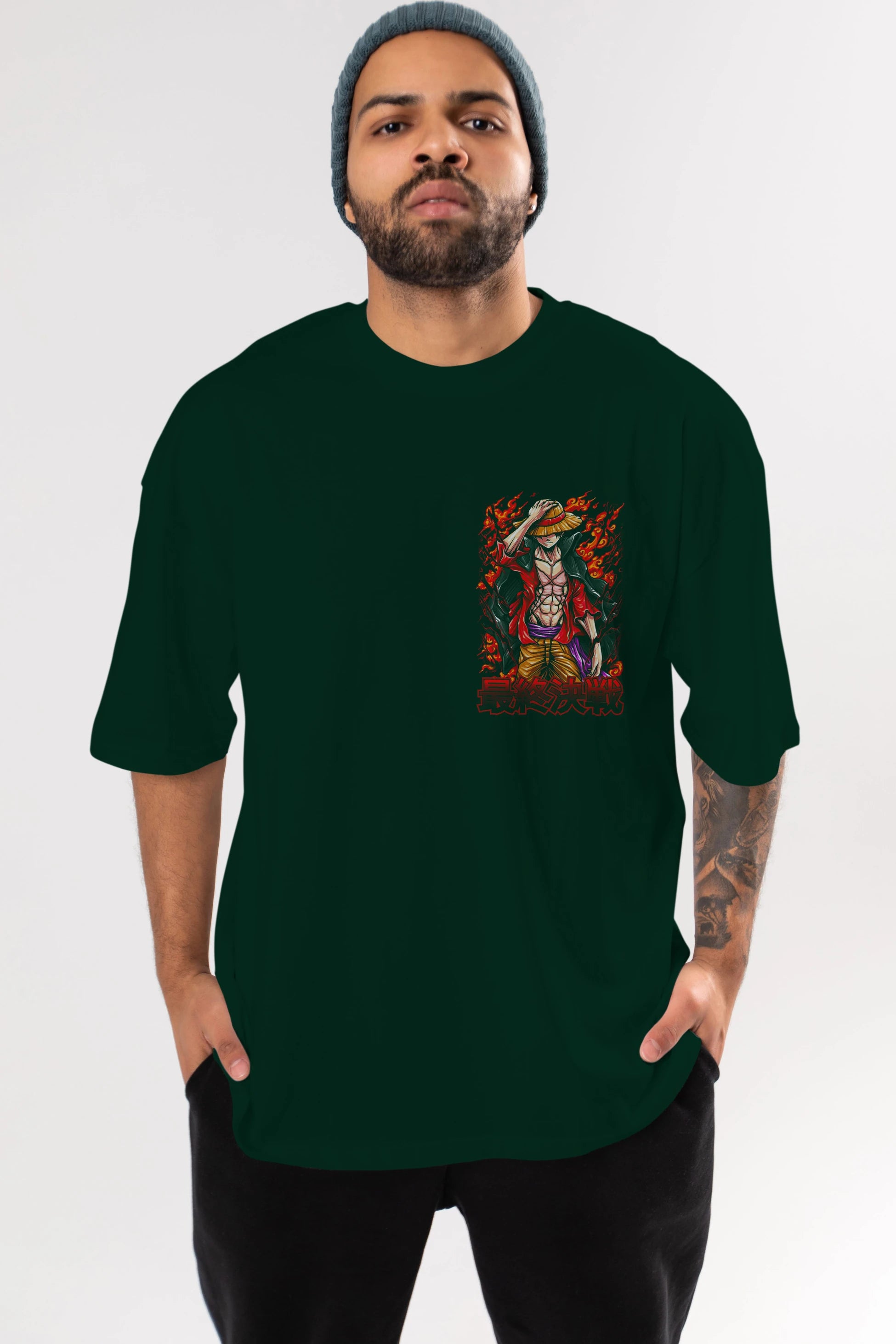 MONKEY D. LUFFY (3) Ön Sol Baskılı Oversize t-shirt Erkek Kadın Unisex %100 Pamuk Bisiklet Yaka tişort