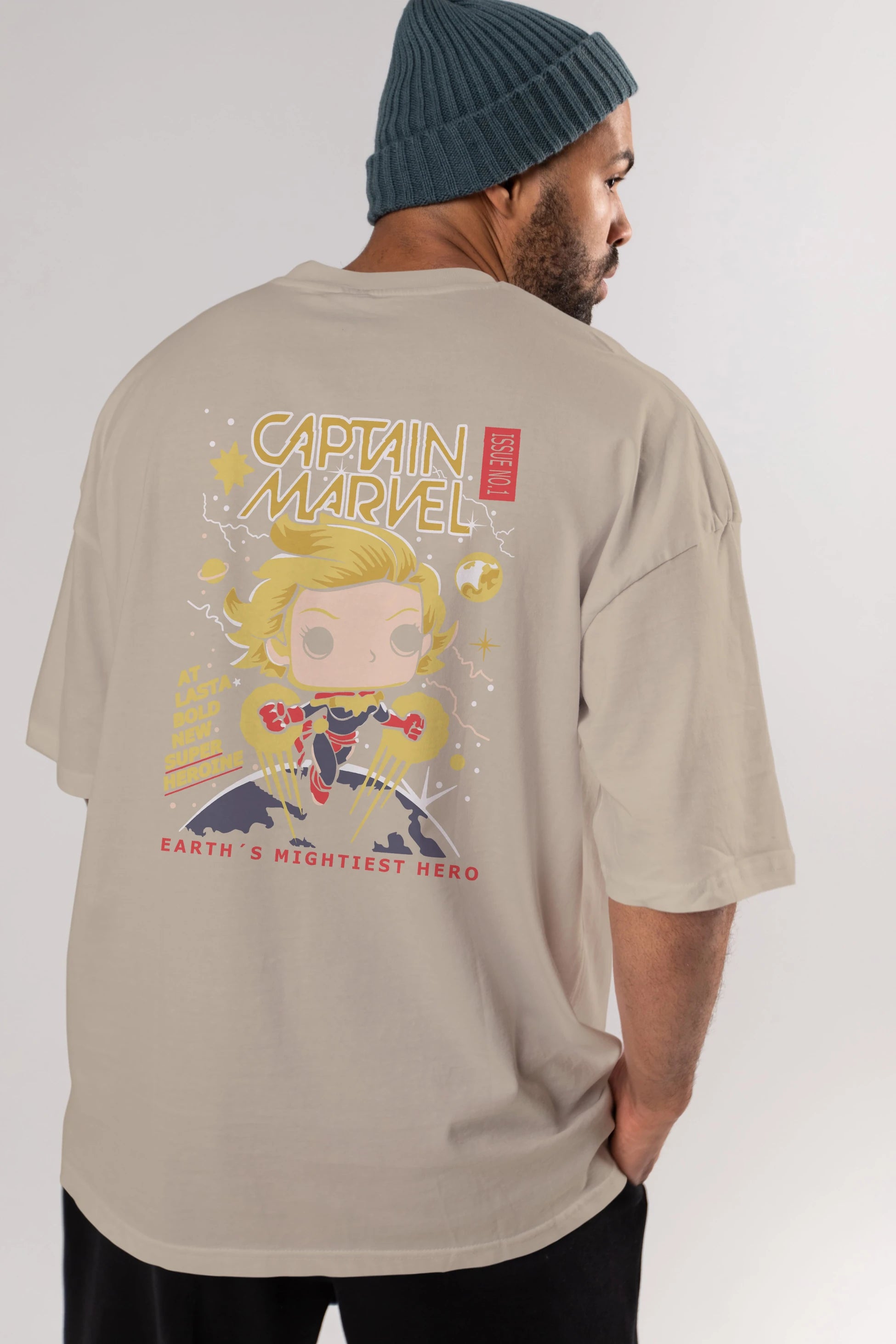 Captain Marvel Arka Baskılı Oversize t-shirt Erkek Kadın Unisex %100 Pamuk Bisiklet Yaka tişort