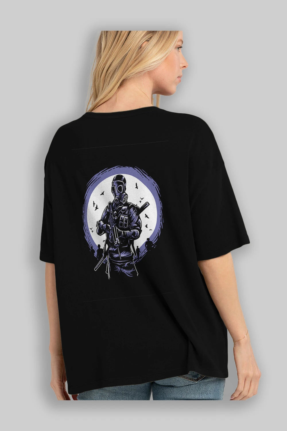 Gas Mask Soldier Arka Baskılı Oversize t-shirt Erkek Kadın Unisex %100 Pamuk