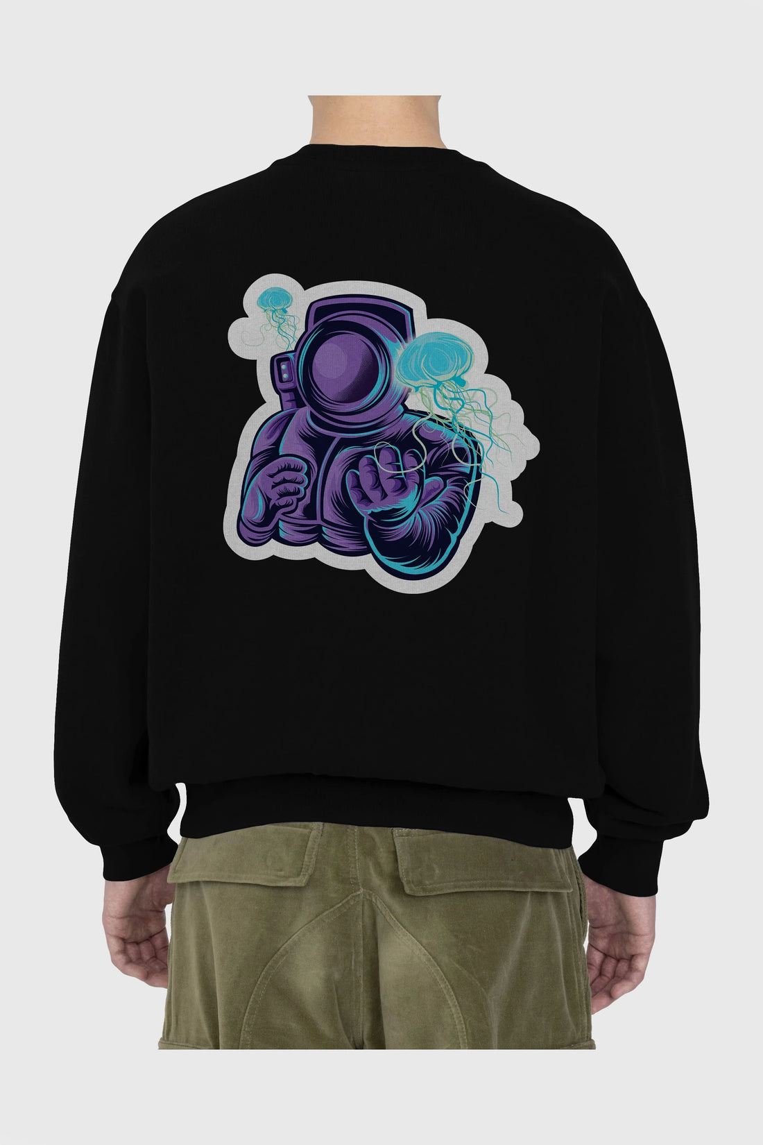 Astronaut and Jellyfish Sticker Arka Baskılı Oversize Sweatshirt Erkek Kadın Unisex