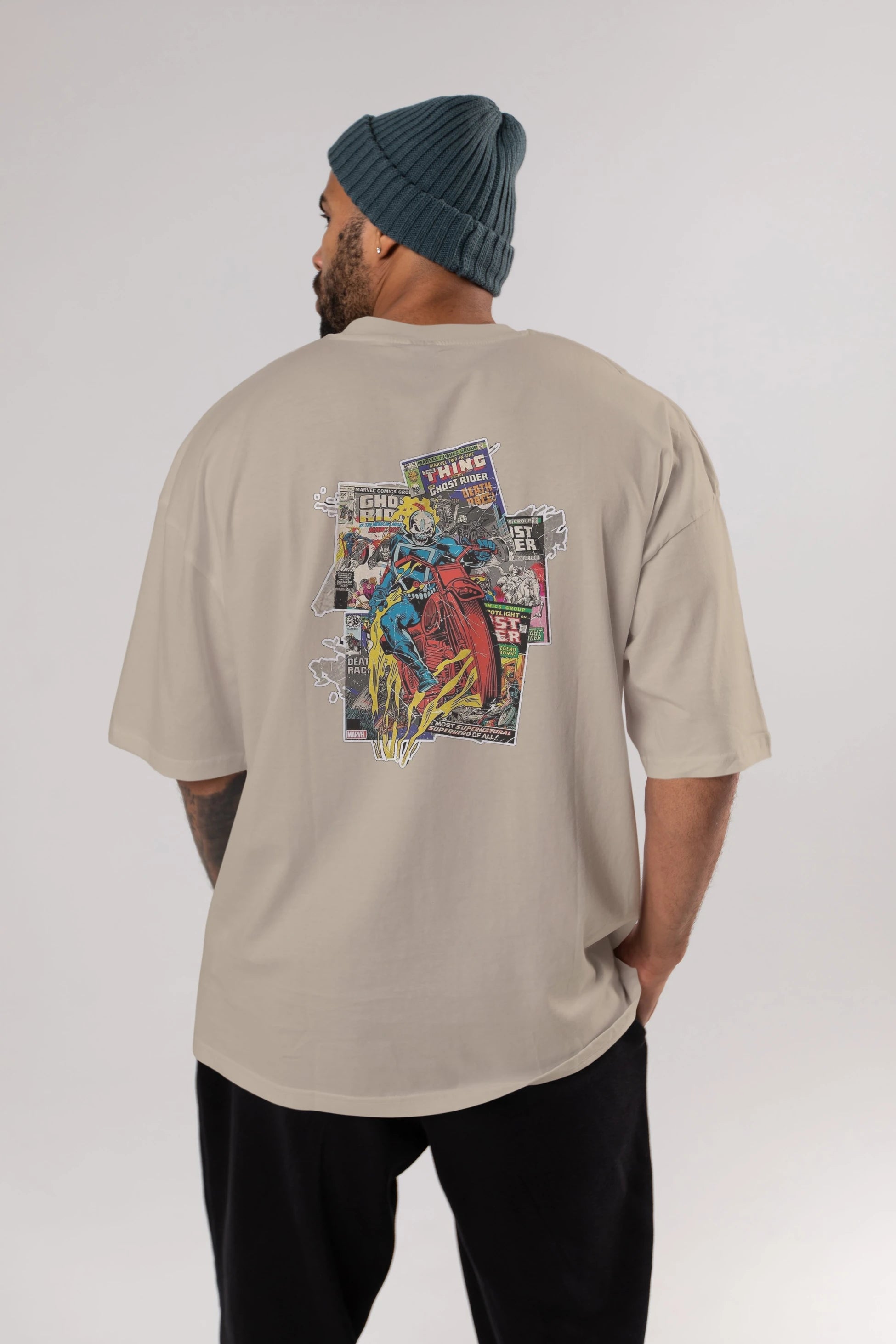 Ghost Rider Arka Baskılı Oversize t-shirt Erkek Kadın Unisex %100 Pamuk Bisiklet Yaka tişort