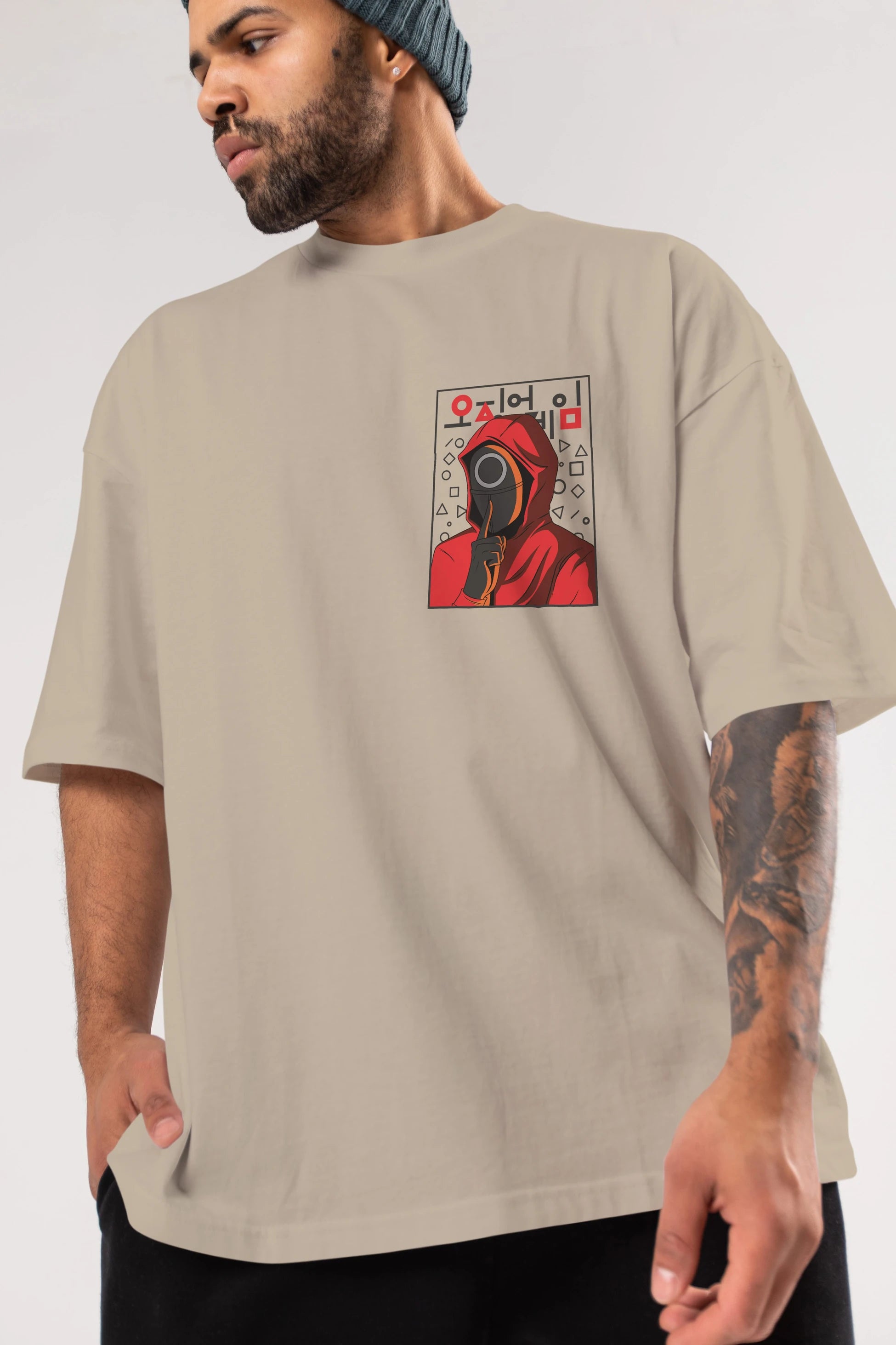 Squid Game (5) Ön Sol Baskılı Oversize t-shirt Erkek Kadın Unisex %100 Pamuk Bisiklet Yaka tişort