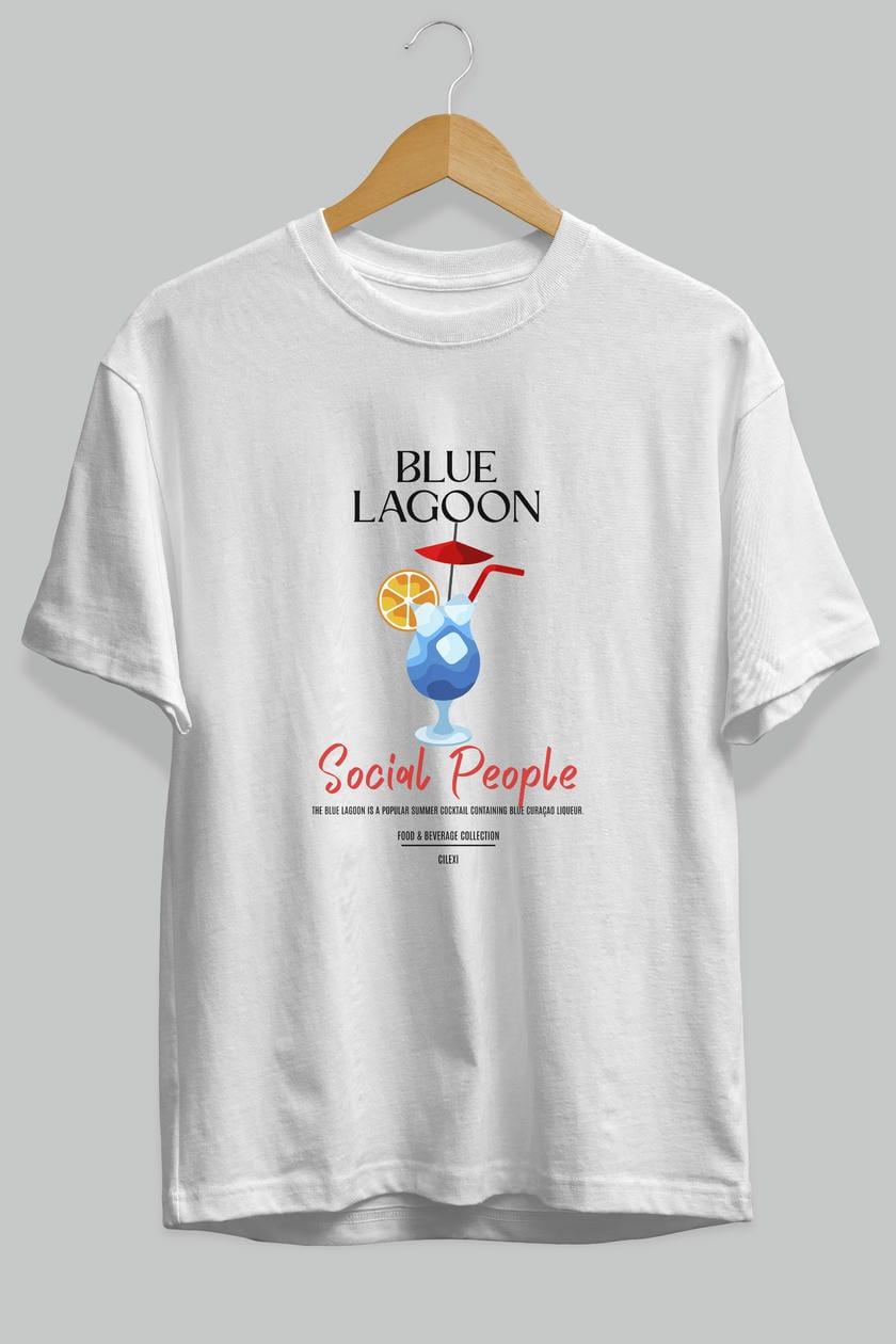 Blue Lagoon Kokteyl Serisi ön Baskılı Oversize t-shirt Erkek Kadın %100 Pamuk Bisiklet Yaka tişort