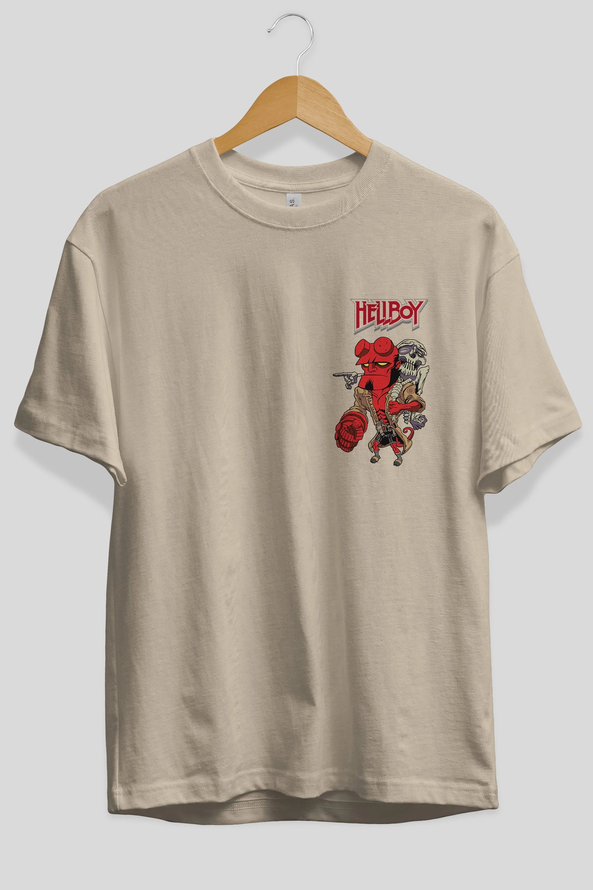 Hellboy (2) Ön Sol Baskılı Oversize t-shirt Erkek Kadın Unisex %100 Pamuk Bisiklet Yaka tişort