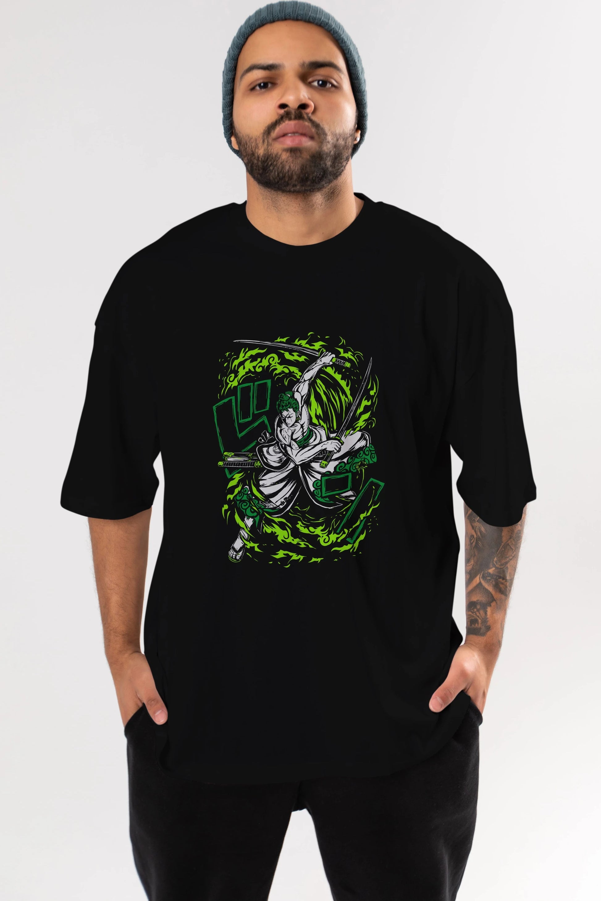 ZORO-ONE PIECE (2) Anime Ön Baskılı Oversize t-shirt %100 pamuk Erkek Kadın Unisex