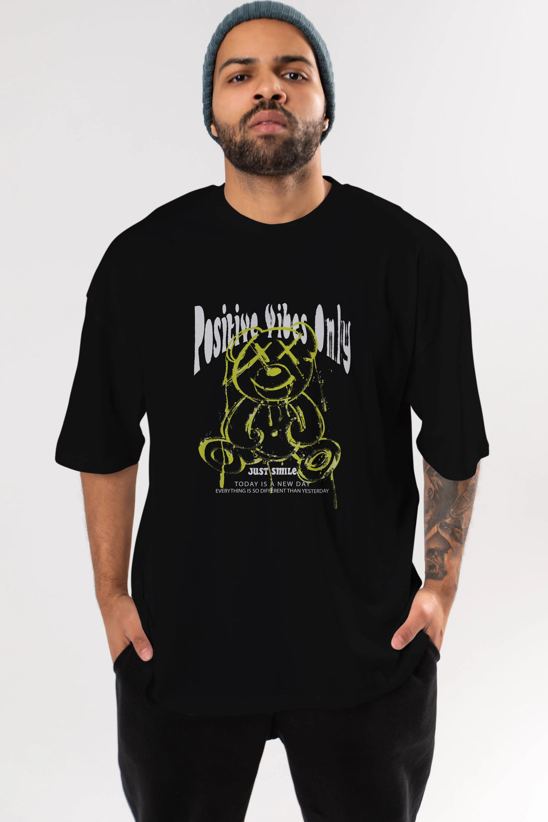 Positive Vibes Only Bear Ön Baskılı Oversize t-shirt Erkek Kadın Unisex