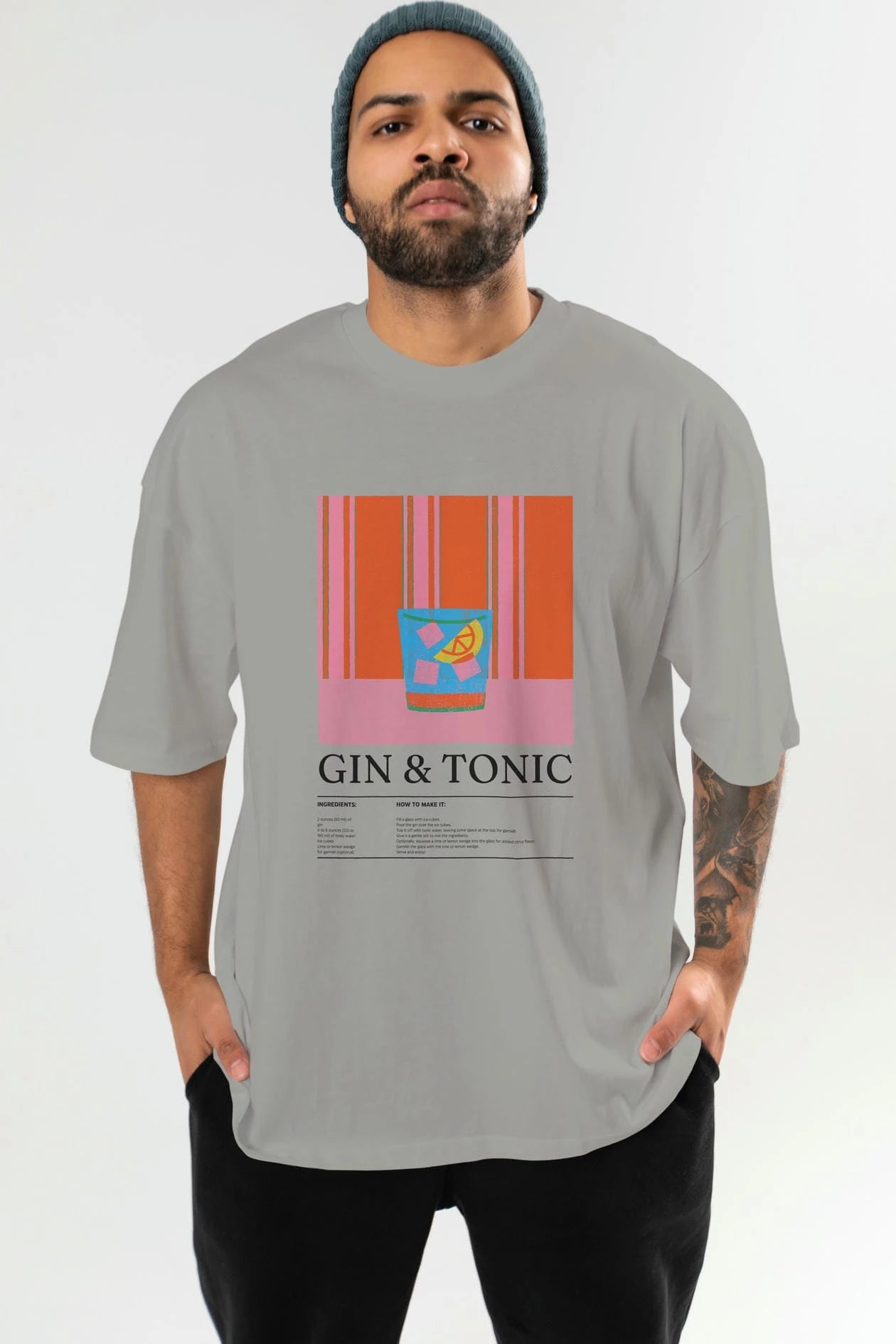 Gin tonic Kokteyl Ön Baskılı Oversize t-shirt Erkek Kadın %100 Pamuk Bisiklet Yaka tişort