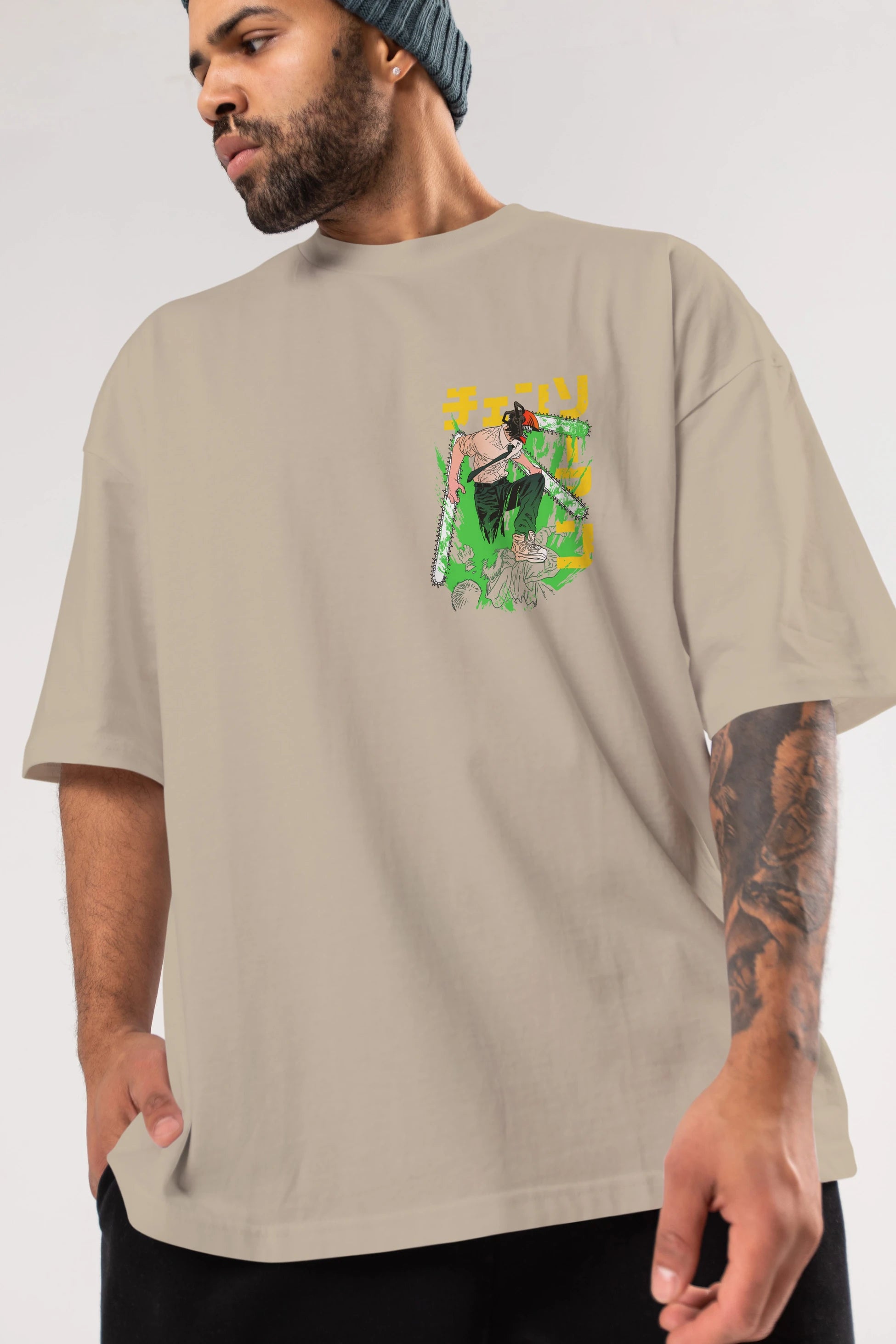 CHAINSAWMAN DENJI Ön Sol Baskılı Oversize t-shirt Erkek Kadın Unisex %100 Pamuk Bisiklet Yaka tişort