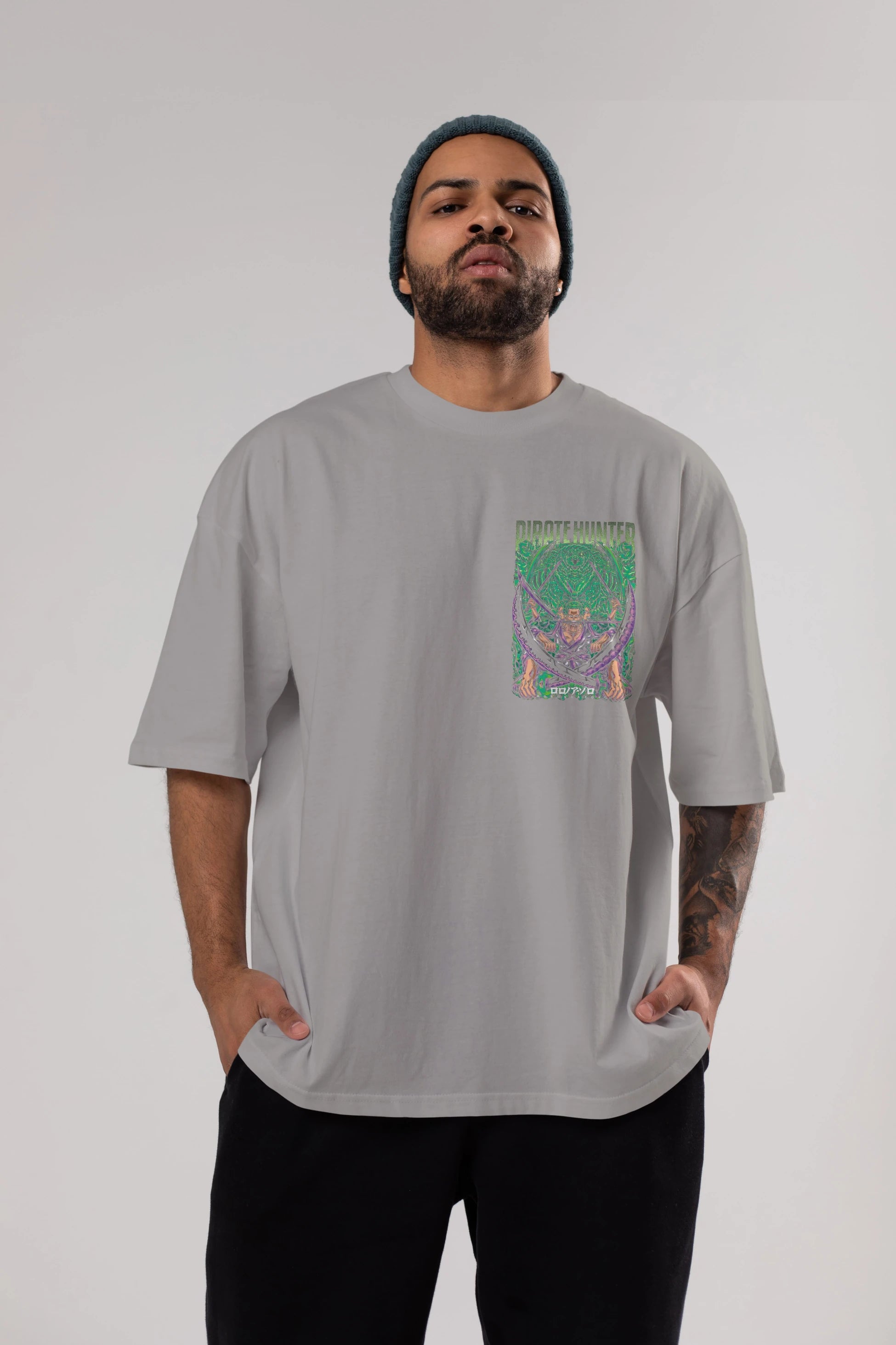 RORONOA ZORO 3 Ön Sol Baskılı Oversize t-shirt Erkek Kadın Unisex %100 Pamuk Bisiklet Yaka tişort
