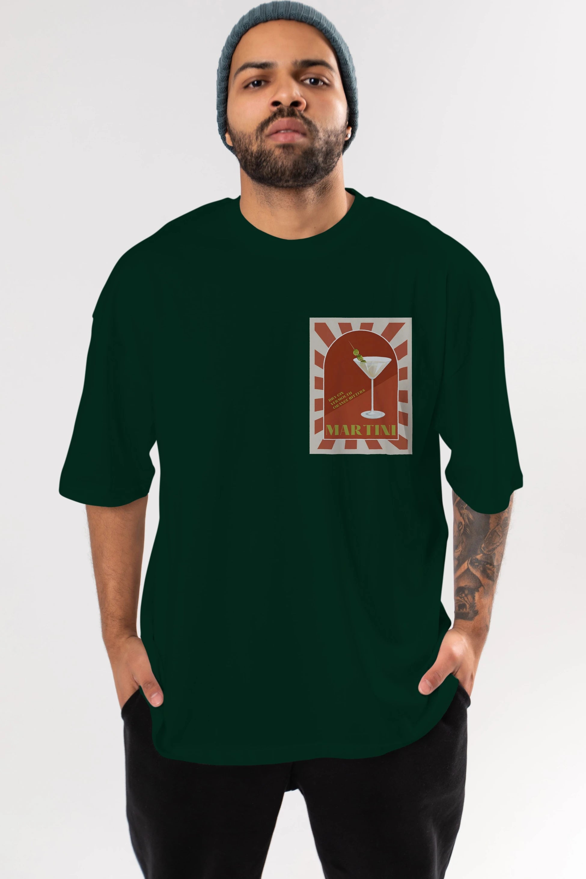 Martini 2 Ön Sol Baskılı Oversize t-shirt Erkek Kadın Unisex %100 Pamuk Bisiklet Yaka tişort