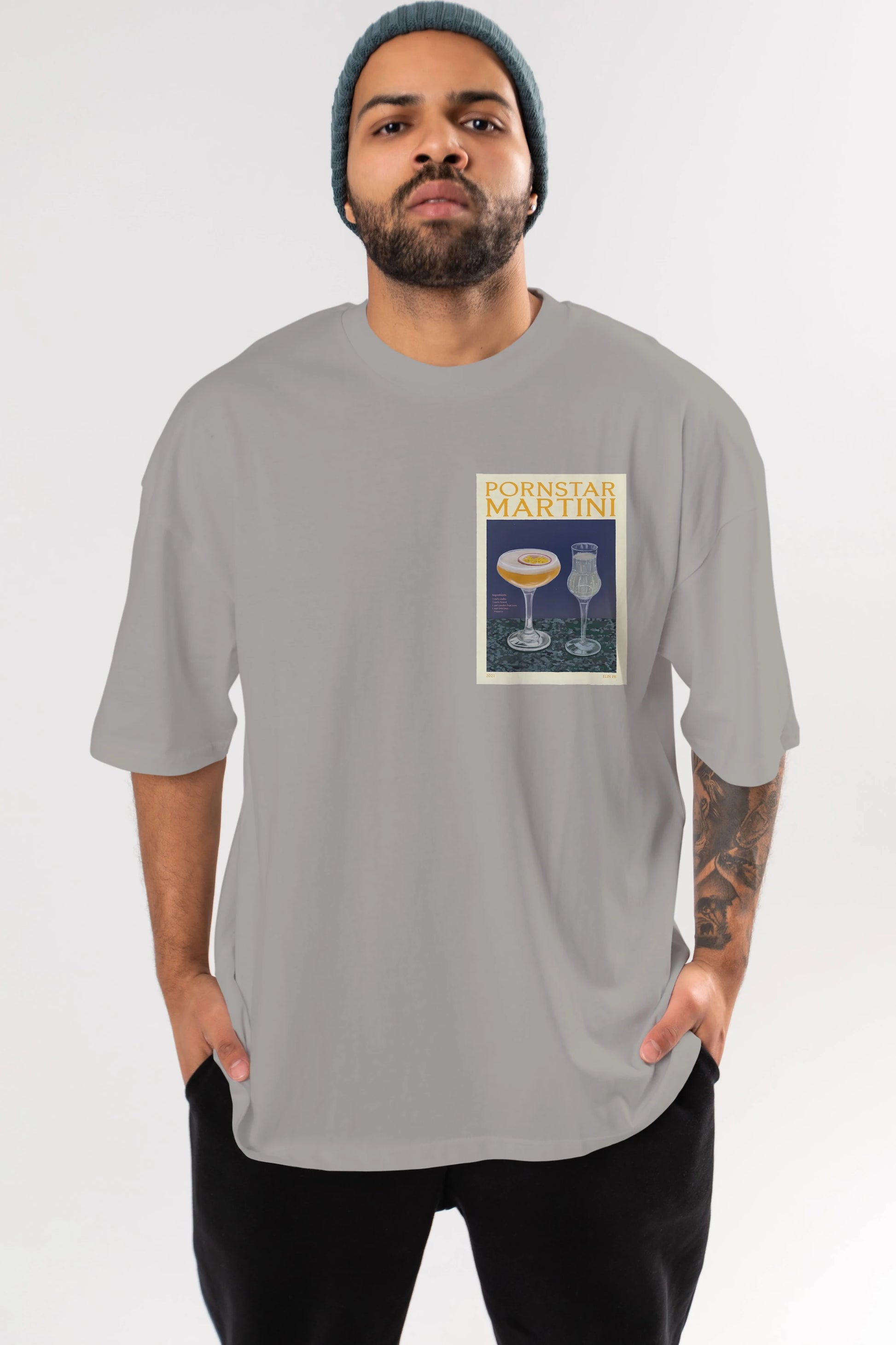 P.rnstar Martini Ön Sol Baskılı Oversize t-shirt Erkek Kadın Unisex %100 Pamuk Bisiklet Yaka tişort