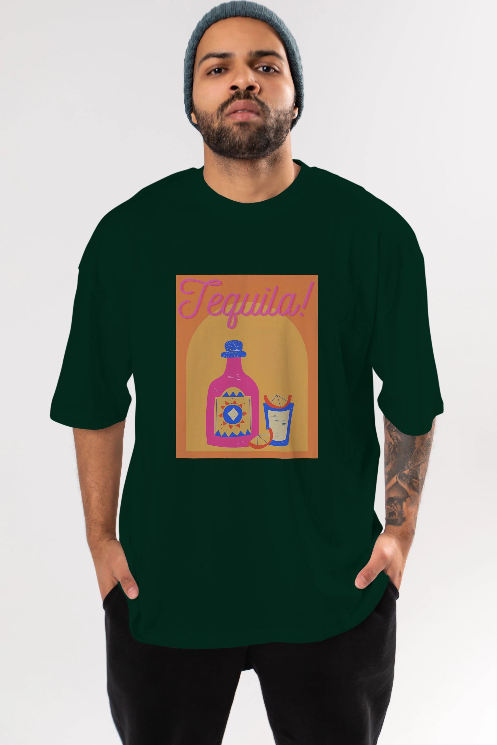 Tequila Ön Baskılı Oversize t-shirt Erkek Kadın Unisex %100 Pamuk Bisiklet Yaka tişort