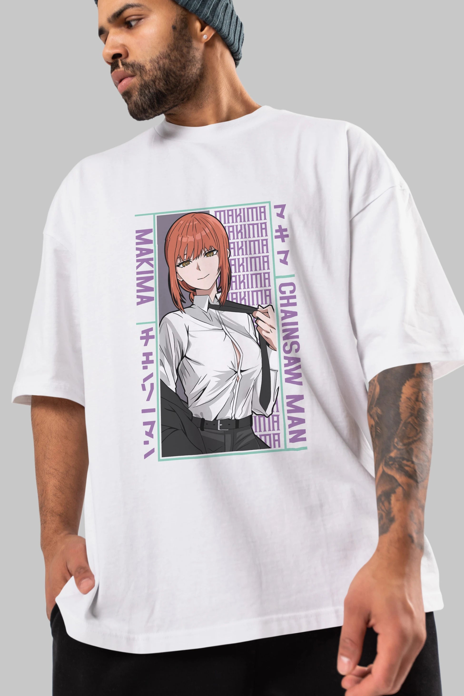 Makima Chain Saw Man Anime Ön Baskılı Oversize t-shirt %100 pamuk Erkek Kadın Unisex