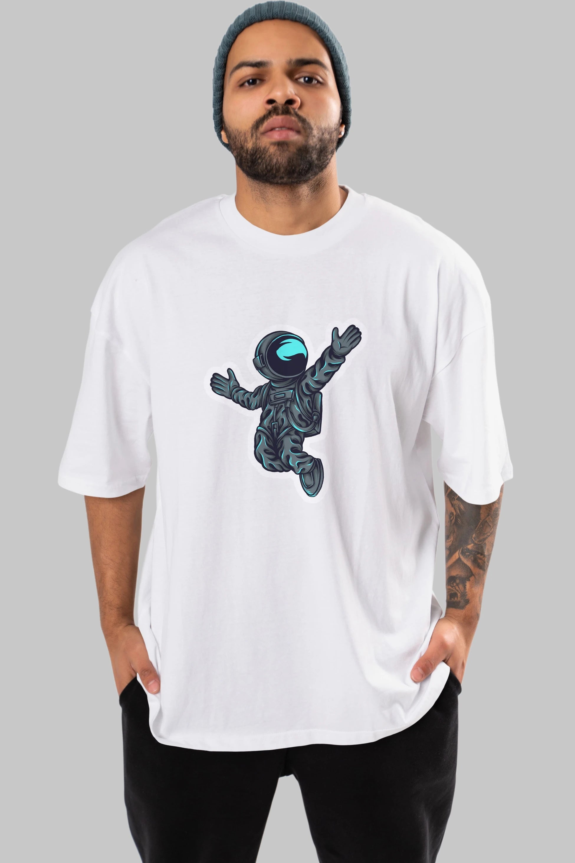 Happy Astronaut Sticker Ön Baskılı Oversize t-shirt Erkek Kadın Unisex