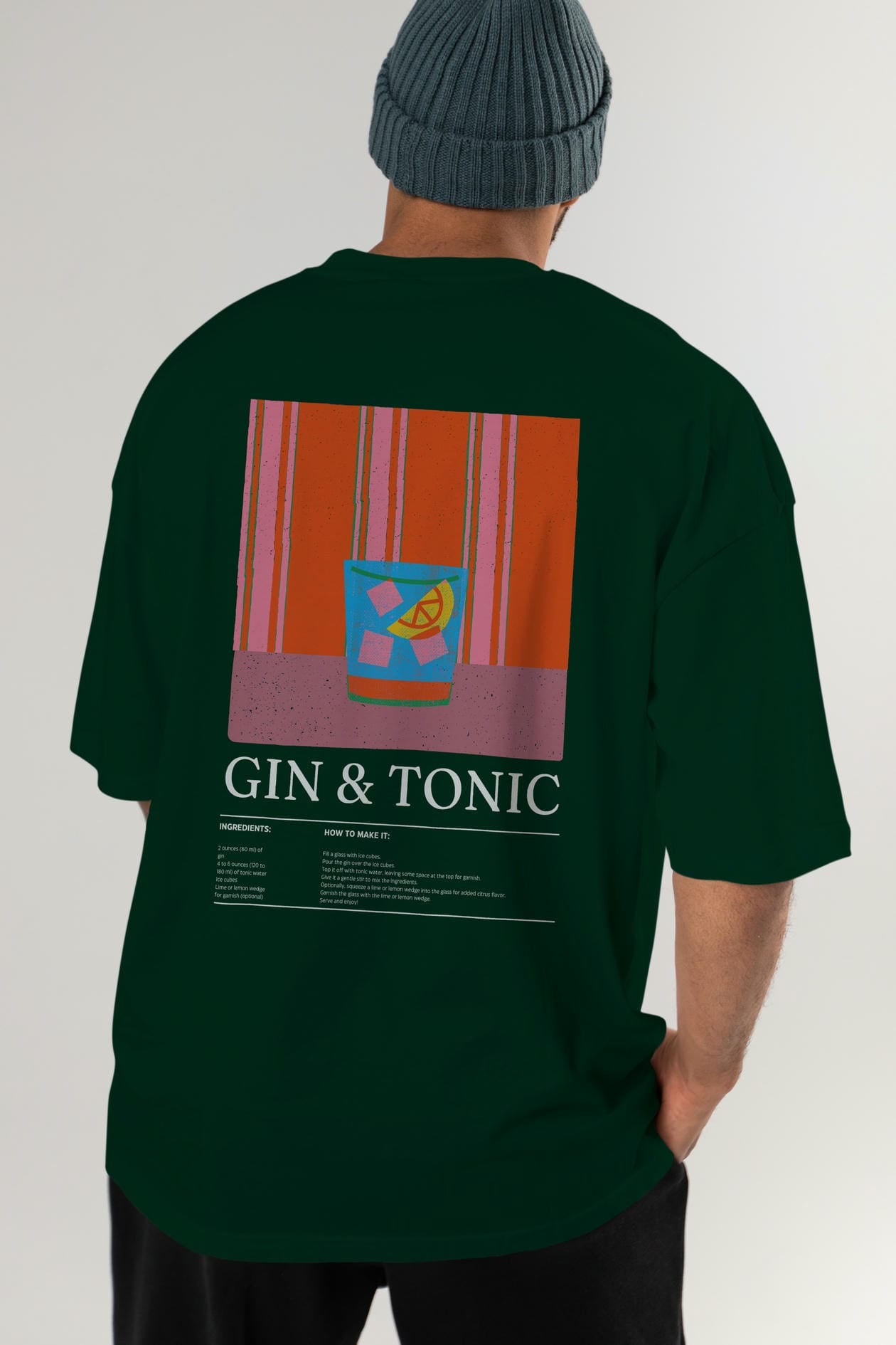 Gin Tonic Kokteyl Serisi Arka Baskılı Oversize t-shirt Erkek Kadın %100 Pamuk Bisiklet Yaka tişort