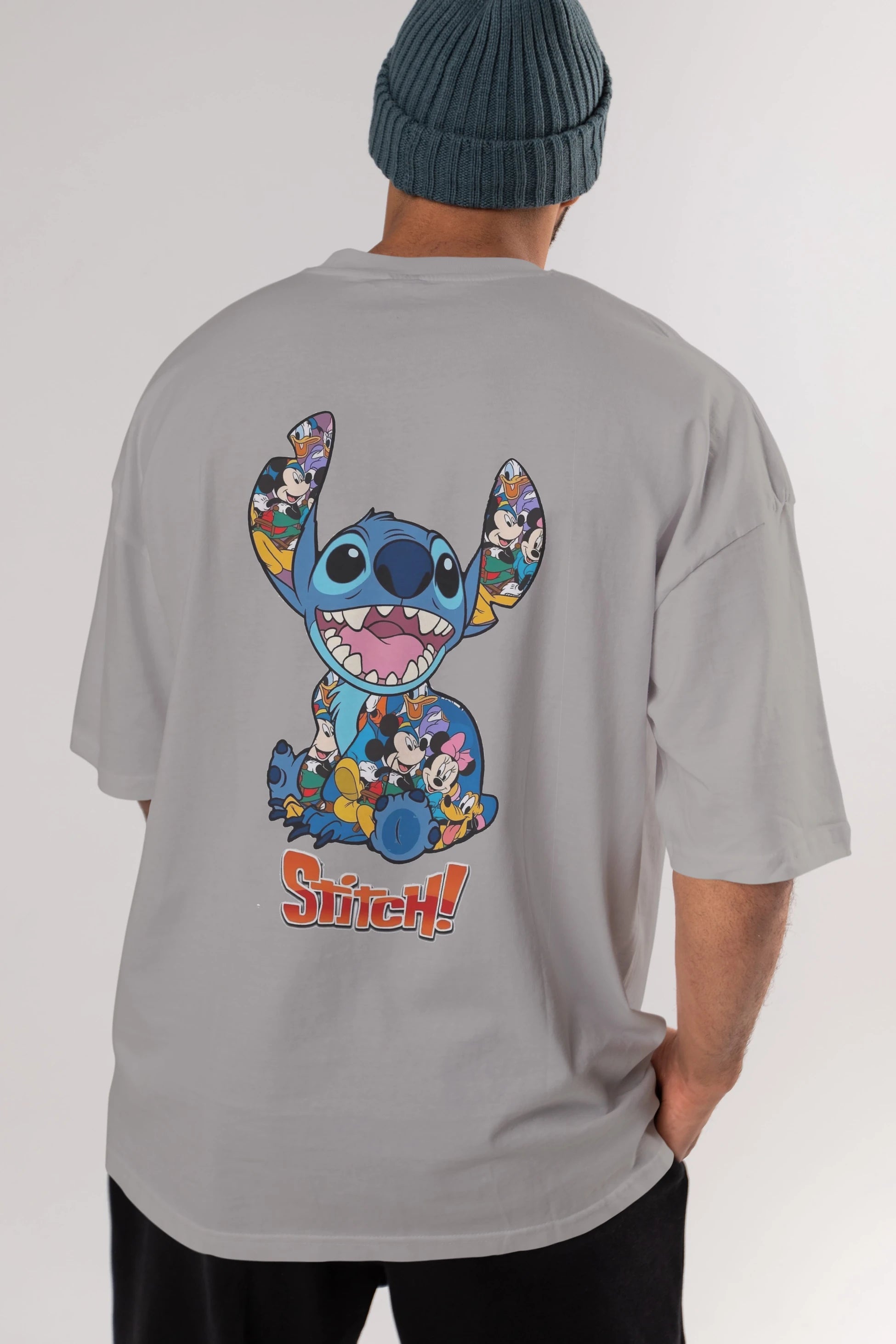 Stitch Arka Baskılı Oversize t-shirt Erkek Kadın Unisex %100 Pamuk Bisiklet Yaka tişort