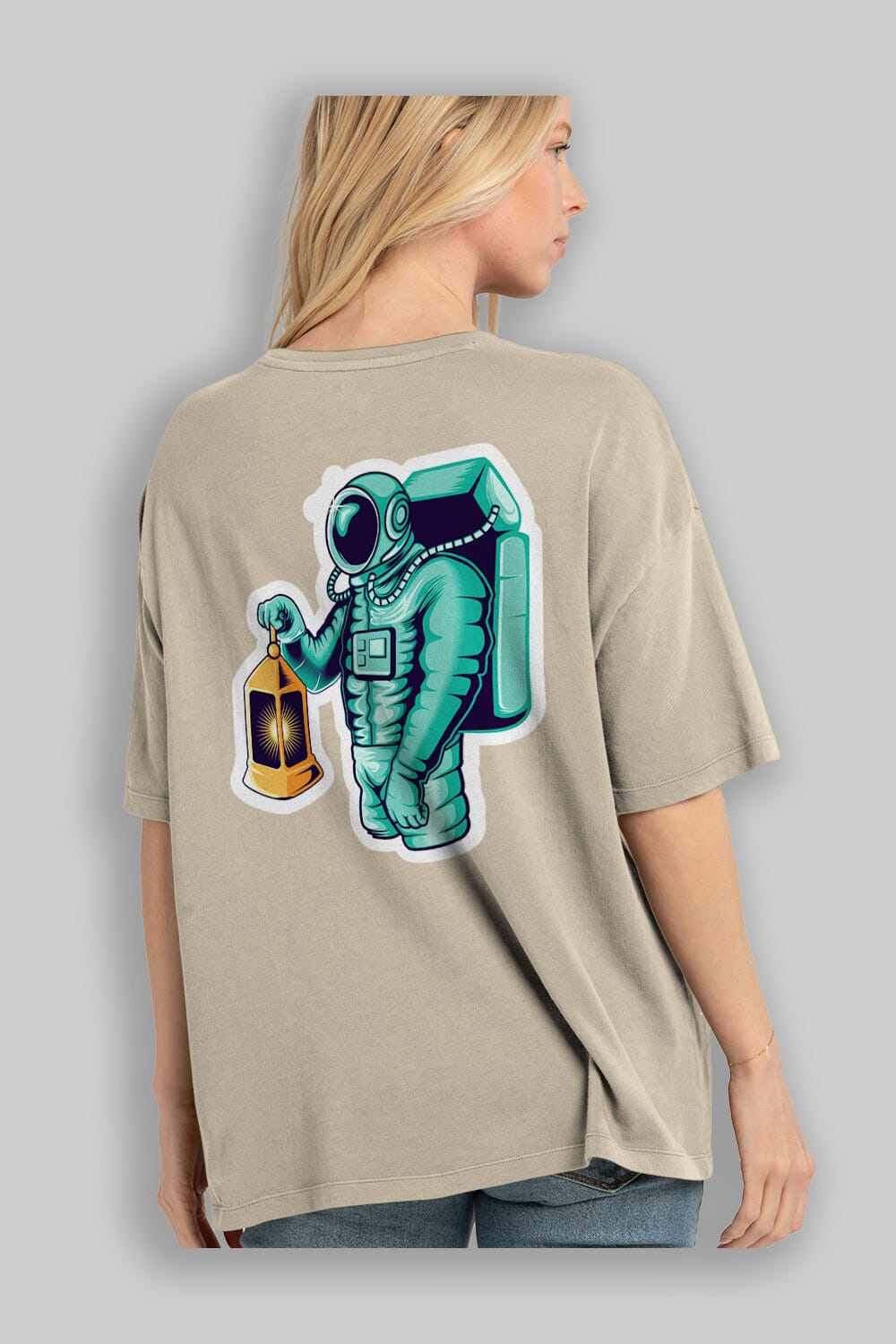 Astronaut Lantern Sticker Arka Baskılı Oversize t-shirt Erkek Kadın Unisex
