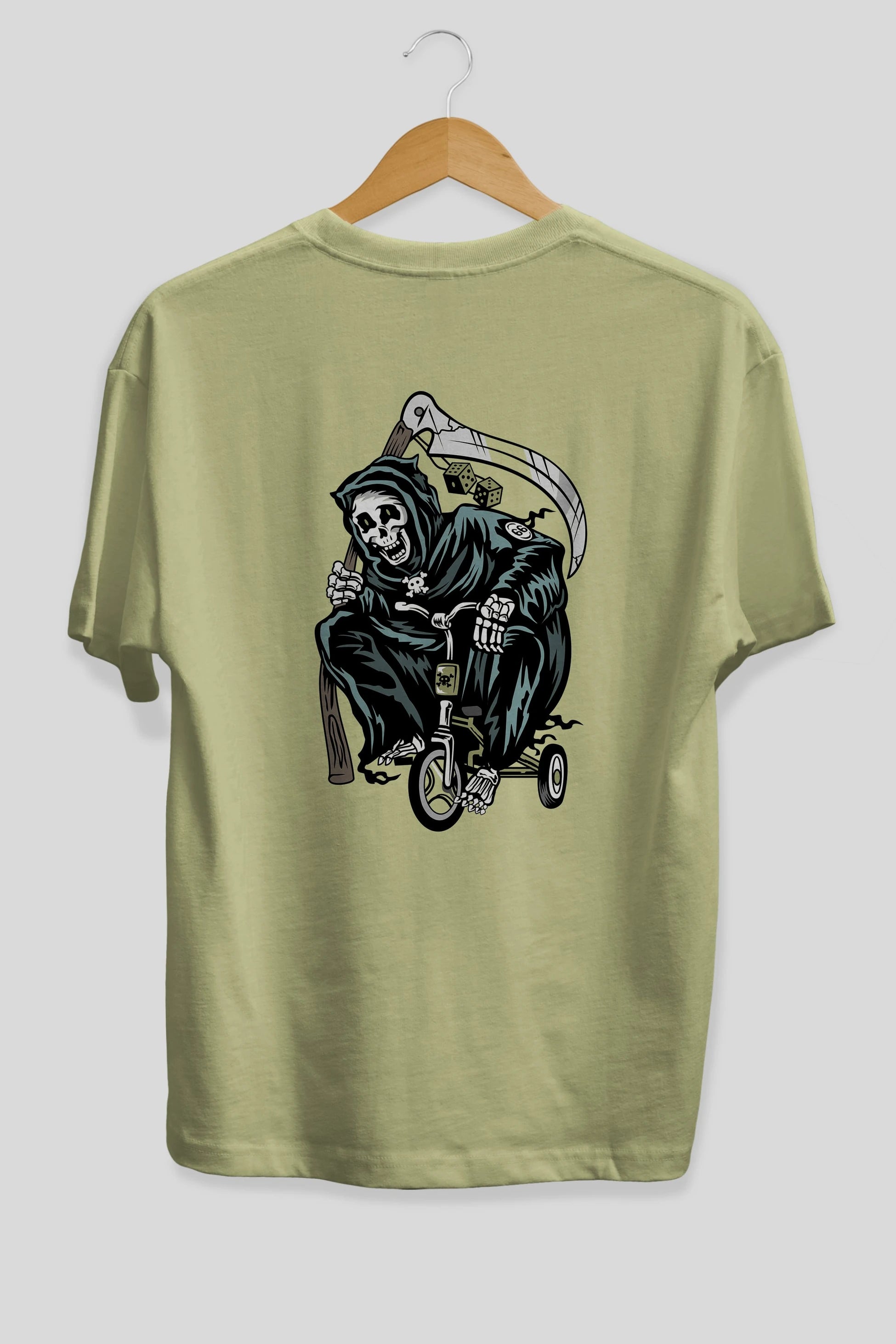 Grim Reaper Bicycle Arka Baskılı Oversize t-shirt Erkek Kadın Unisex %100 Pamuk tişort