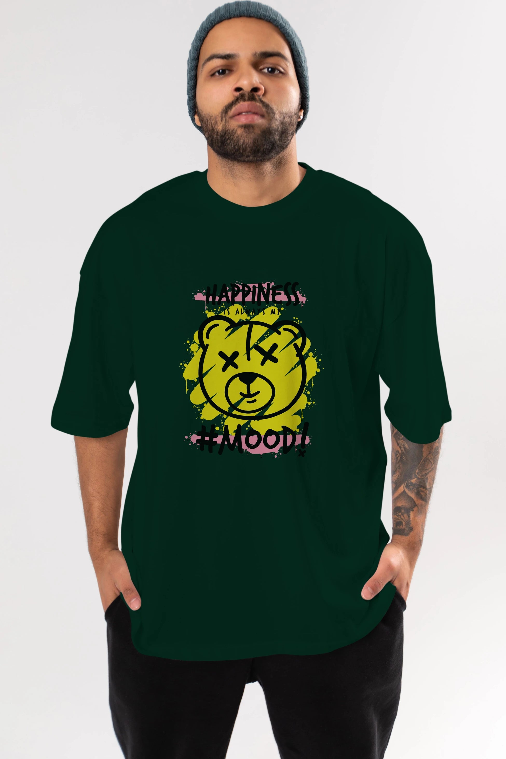 Happiness Mood Bear Ön Baskılı Oversize t-shirt Erkek Kadın Unisex