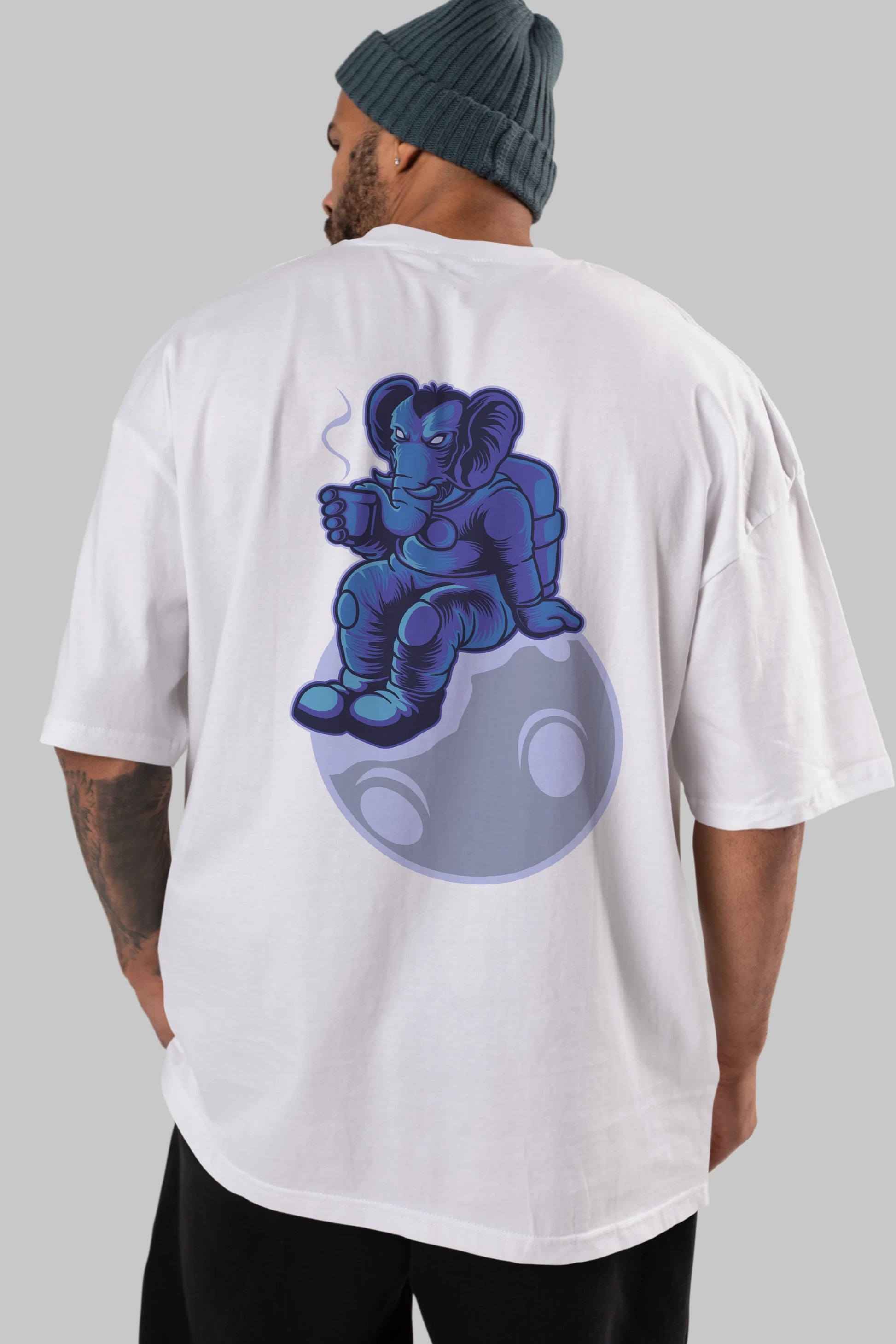 Space Elephant Drink Coffee Arka Baskılı Oversize t-shirt Erkek Kadın Unisex