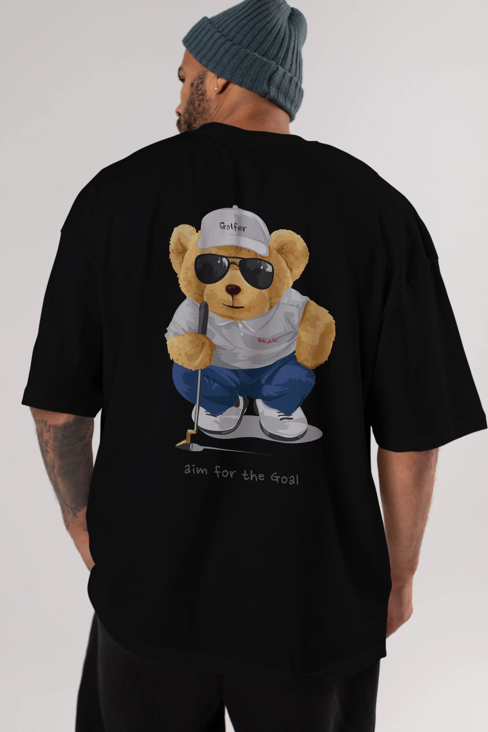 Teddy Bear Golfer Arka Baskılı Oversize t-shirt Erkek Kadın Unisex %100 Pamuk