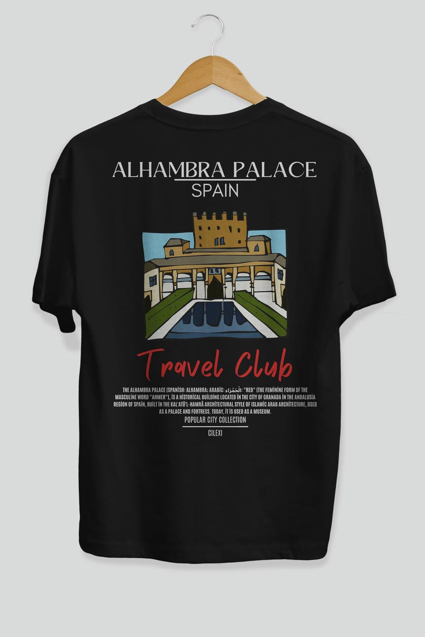 Alhambra Palace Spain Arka Baskılı Oversize t-shirt Erkek Kadın Pamuk Bisiklet Yaka tişort