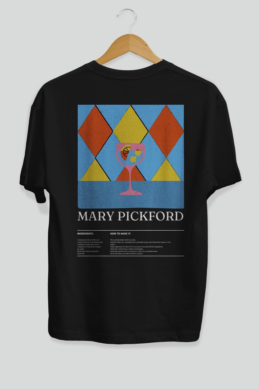 Mary Pickford Kokteyl Serisi Arka Baskılı Oversize t-shirt Erkek Kadın %100 Pamuk Bisiklet Yaka tişort