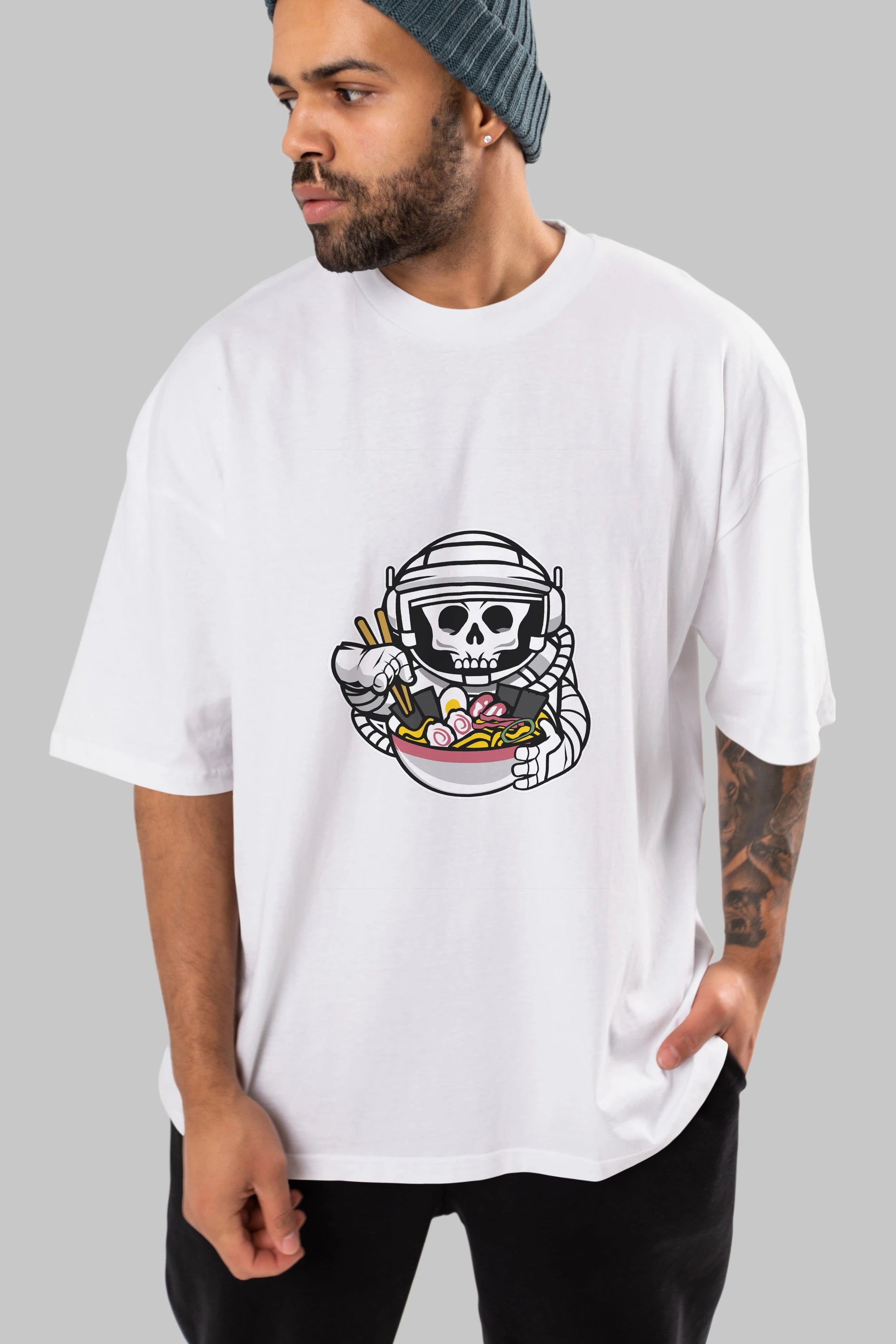 Astronaut Ramen Ön Baskılı Oversize t-shirt Erkek Kadın Unisex %100 Pamuk tişort
