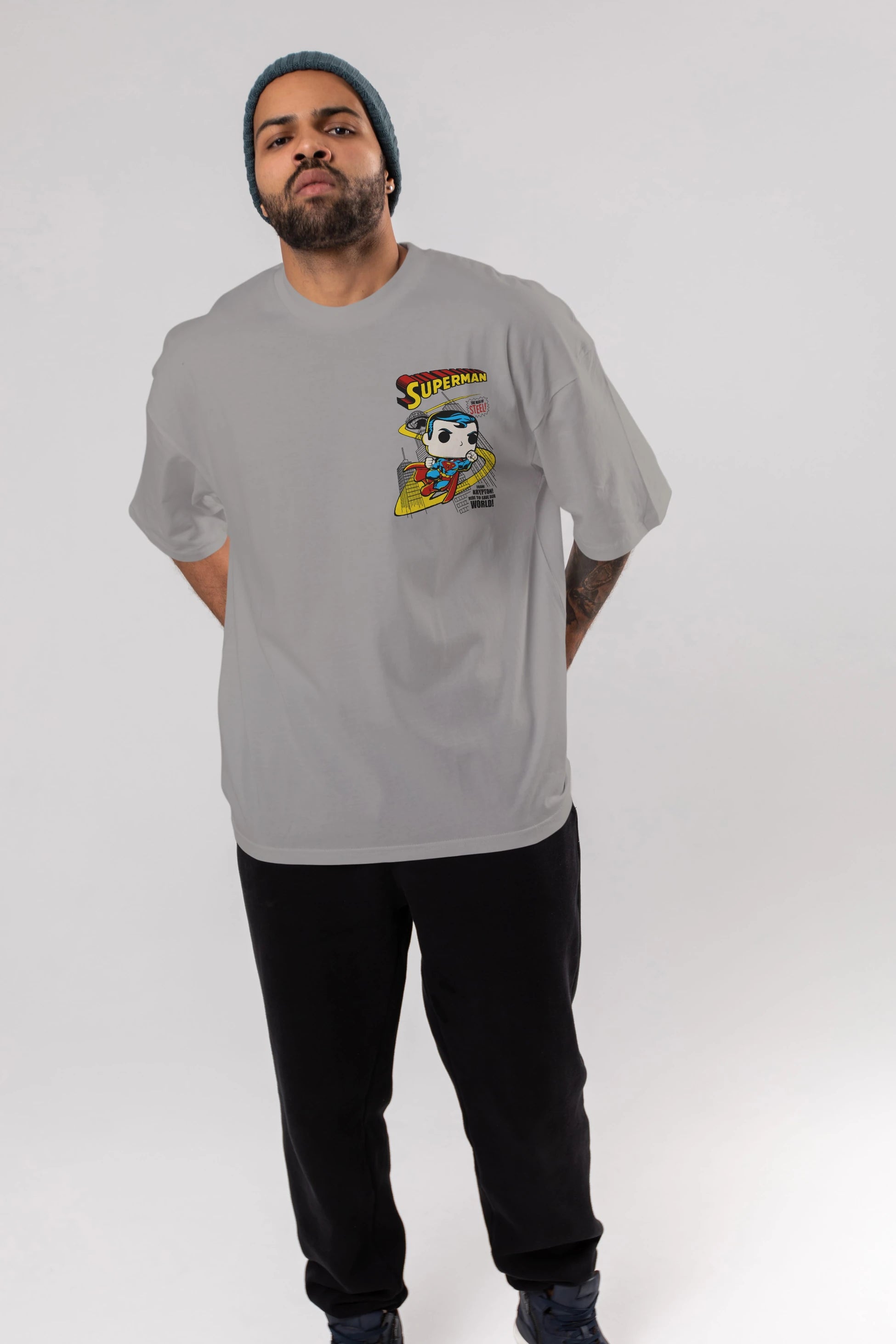 Superman (2) Ön Sol Baskılı Oversize t-shirt Erkek Kadın Unisex %100 Pamuk Bisiklet Yaka tişort