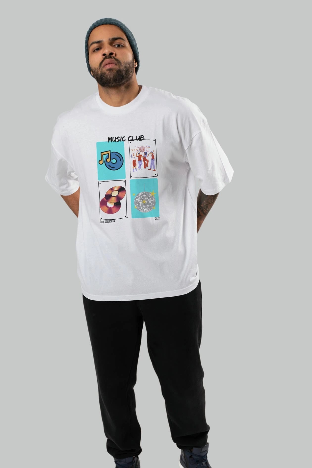 Music Club ön Baskılı Oversize t-shirt Erkek Kadın %100 Pamuk Bisiklet Yaka tişort