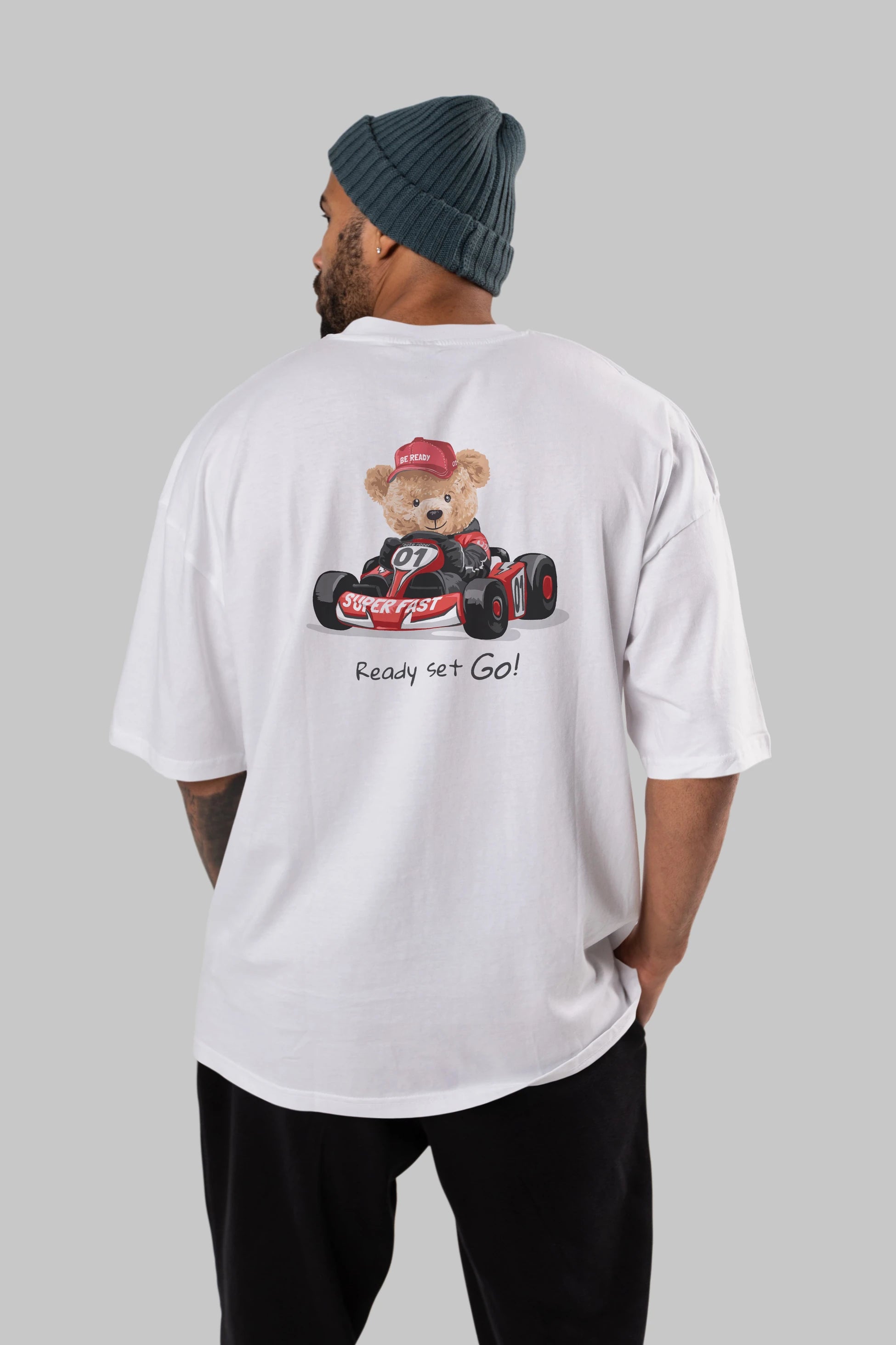 Teddy Bear Ready Set Go Arka Baskılı Oversize t-shirt Erkek Kadın Unisex %100 Pamuk
