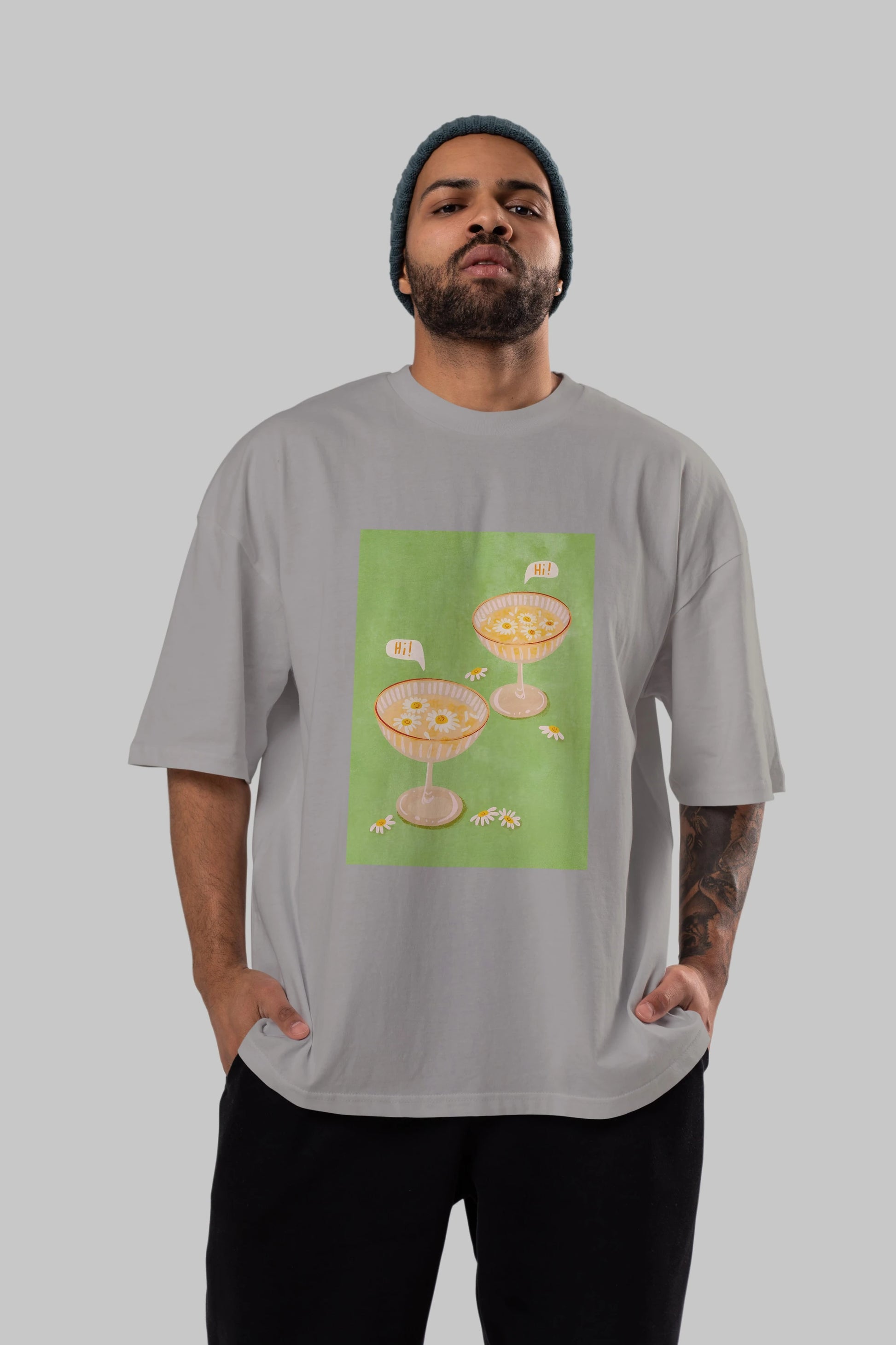Hi Cheers Ön Baskılı Oversize t-shirt Erkek Kadın Unisex %100 Pamuk Bisiklet Yaka tişort