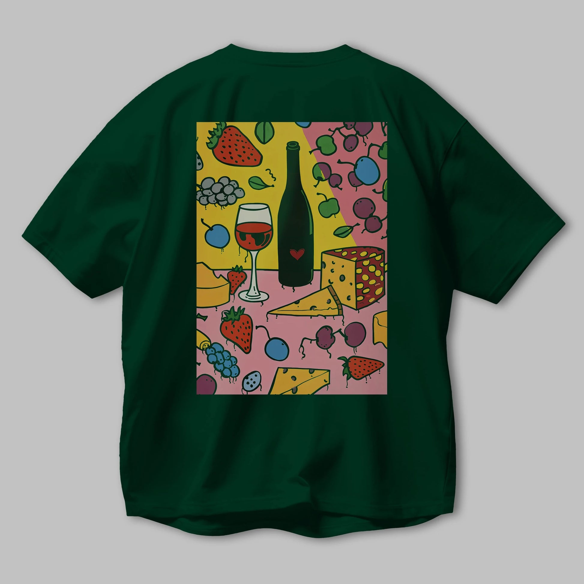 Wine Cheese Fruits Arka Baskılı Oversize t-shirt Erkek Kadın Unisex %100 Pamuk Bisiklet Yaka tişort