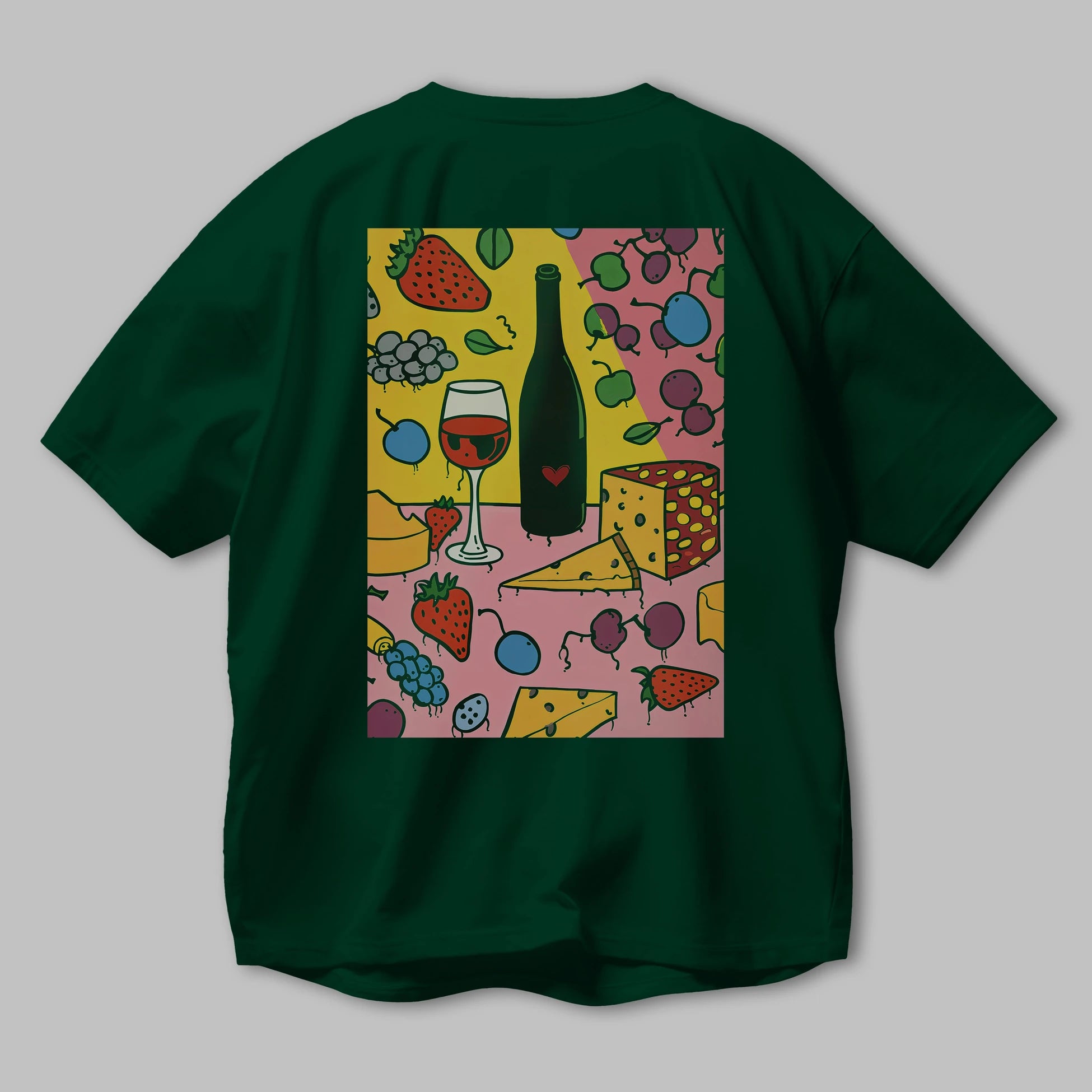Wine Cheese Fruits Arka Baskılı Oversize t-shirt Erkek Kadın Unisex %100 Pamuk Bisiklet Yaka tişort