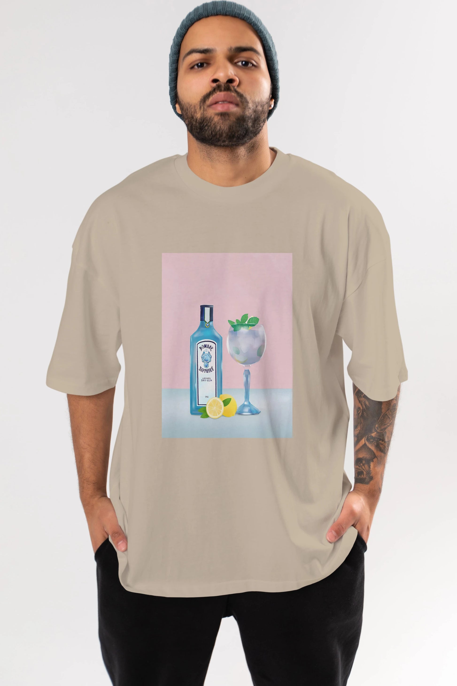 Bombay Sapphire Dry Gin Ön Baskılı Oversize t-shirt Erkek Kadın Unisex %100 Pamuk Bisiklet Yaka tişort