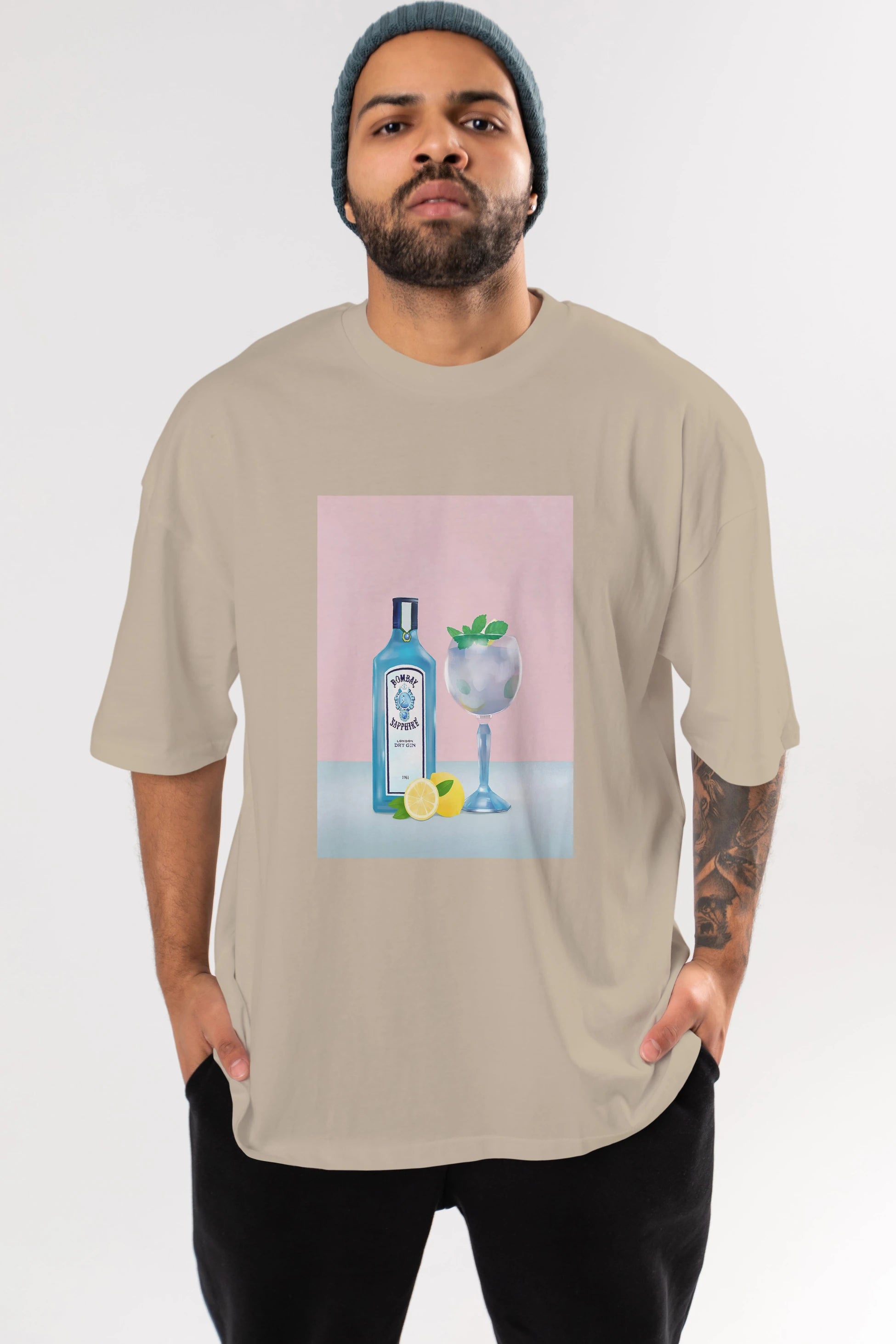 Bombay Sapphire Dry Gin Ön Baskılı Oversize t-shirt Erkek Kadın Unisex %100 Pamuk Bisiklet Yaka tişort