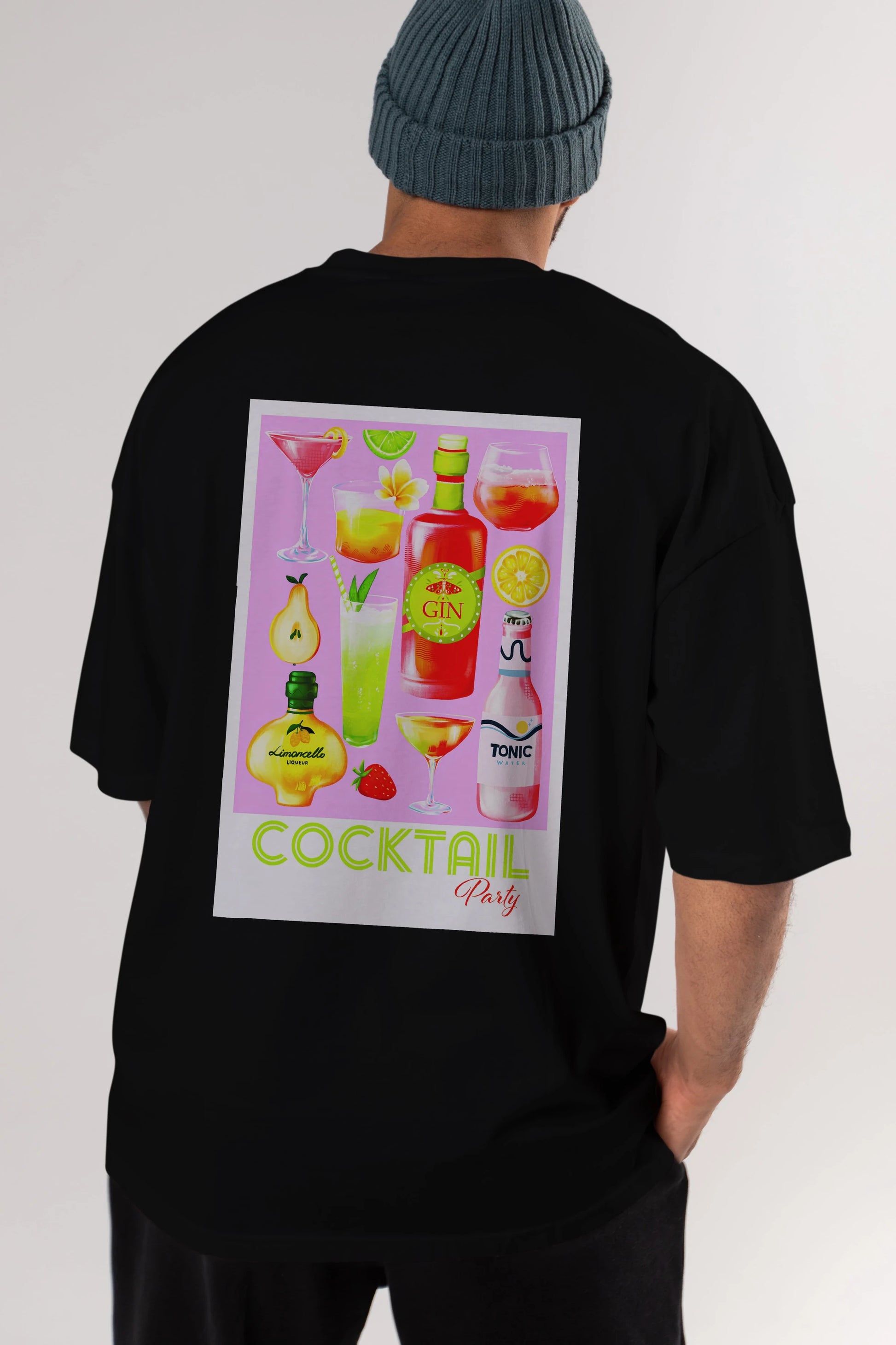 Cocktail Party Arka Baskılı Oversize t-shirt Erkek Kadın Unisex %100 Pamuk Bisiklet Yaka tişort