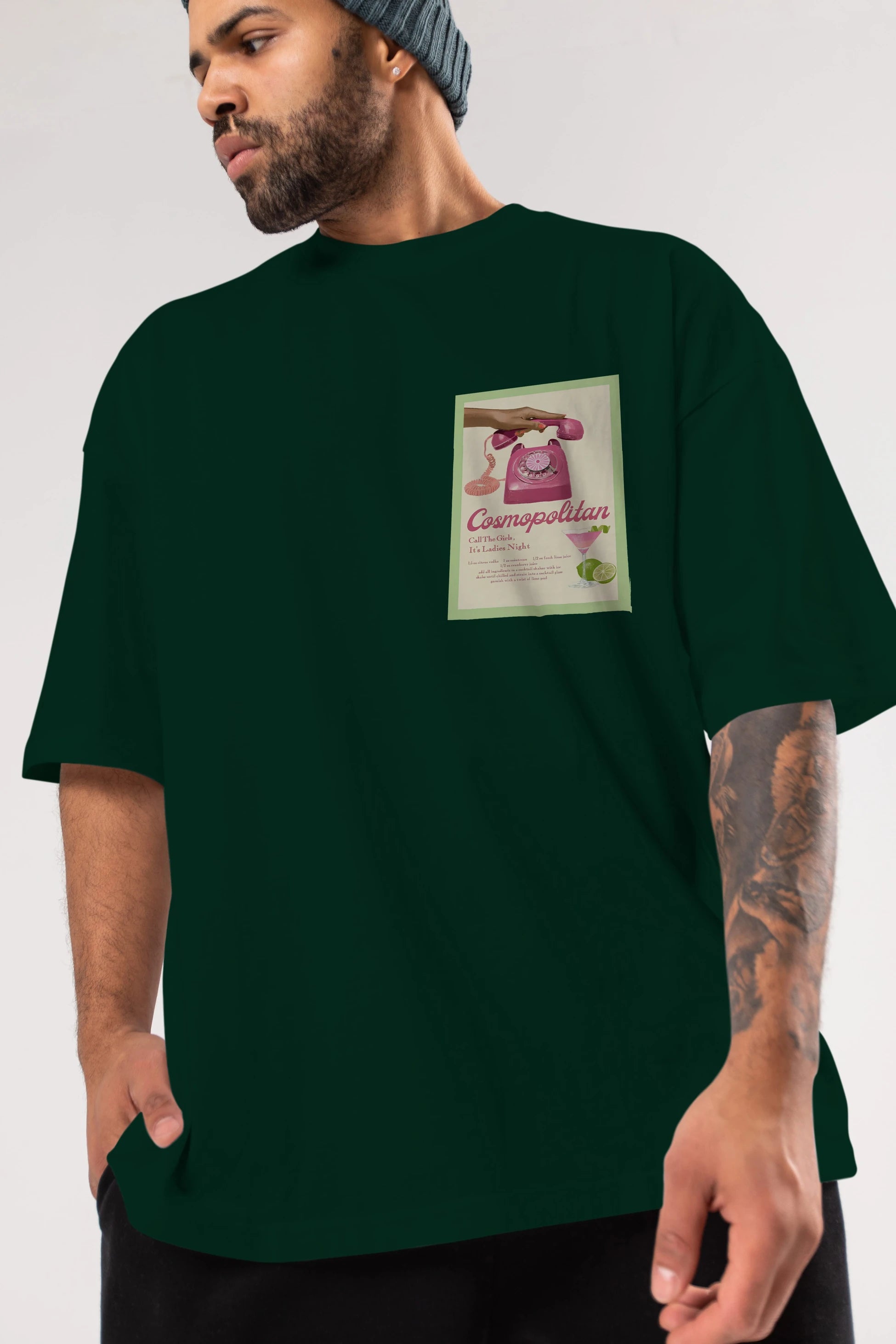 Cosmopolitan 5 Ön Sol Baskılı Oversize t-shirt Erkek Kadın Unisex %100 Pamuk Bisiklet Yaka tişort